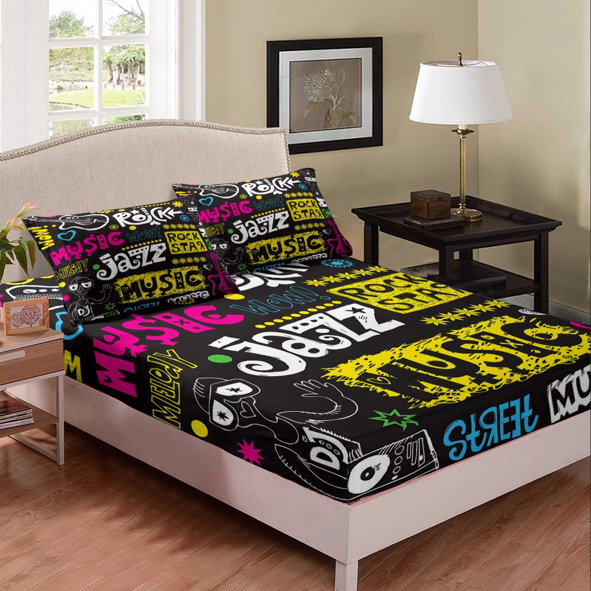 Loussiesd Guitar Bedding Set Youth Rock Music Themed Bed Sheet Cover for Boys Teens Jazz Musical Pattern Fitted Sheet Hip Hop Graffiti Pattern Bed Cover Room Decor Double Size
