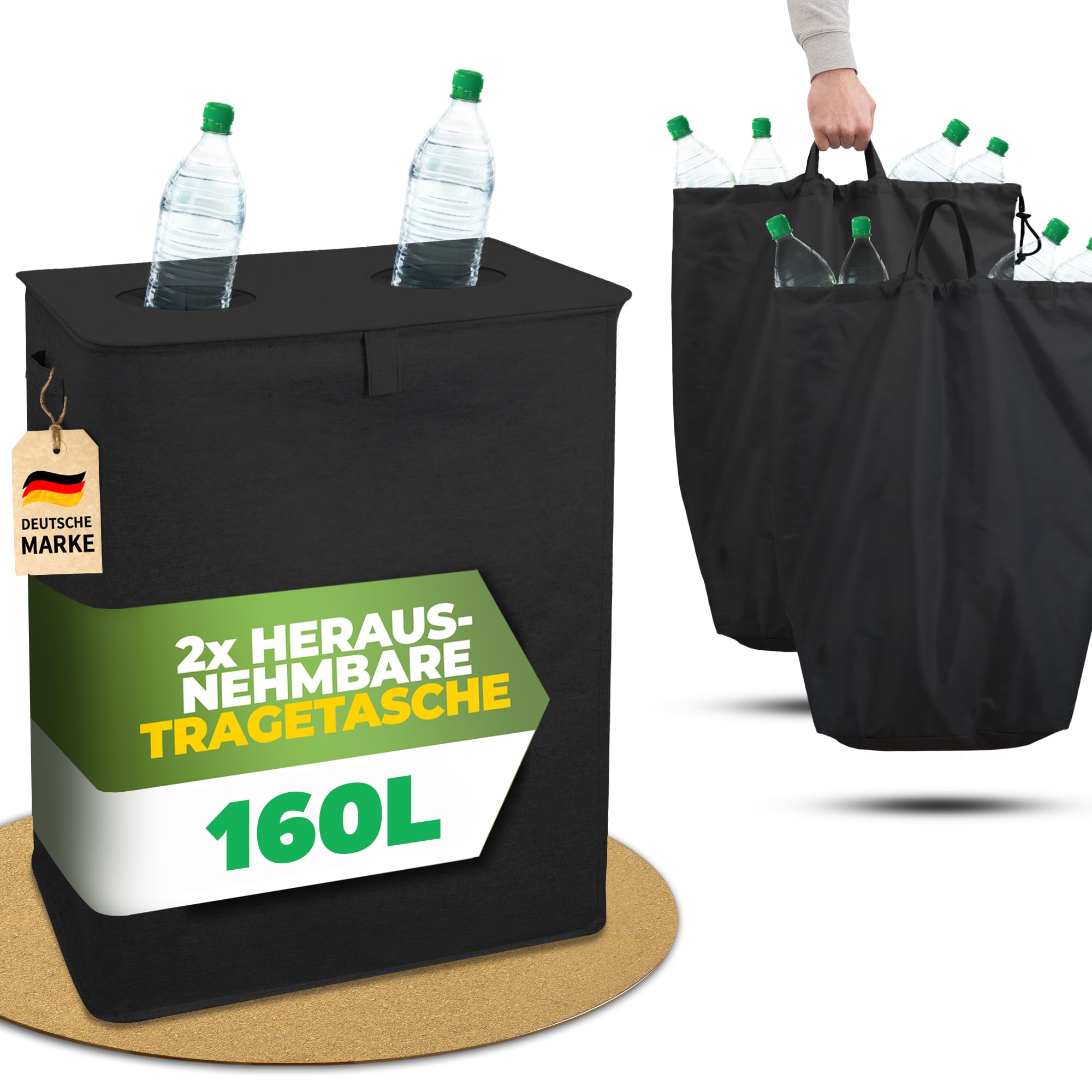 COTTARA® Pfandflaschen Sammelbehälter 2 Fächer - Stabiler Flaschensammler Leergut Behälter 160L mit 2 Tragetaschen - Praktischer Pfandbehälter, Pfandsammler, Pfandflaschen Aufbewahrung schwarz