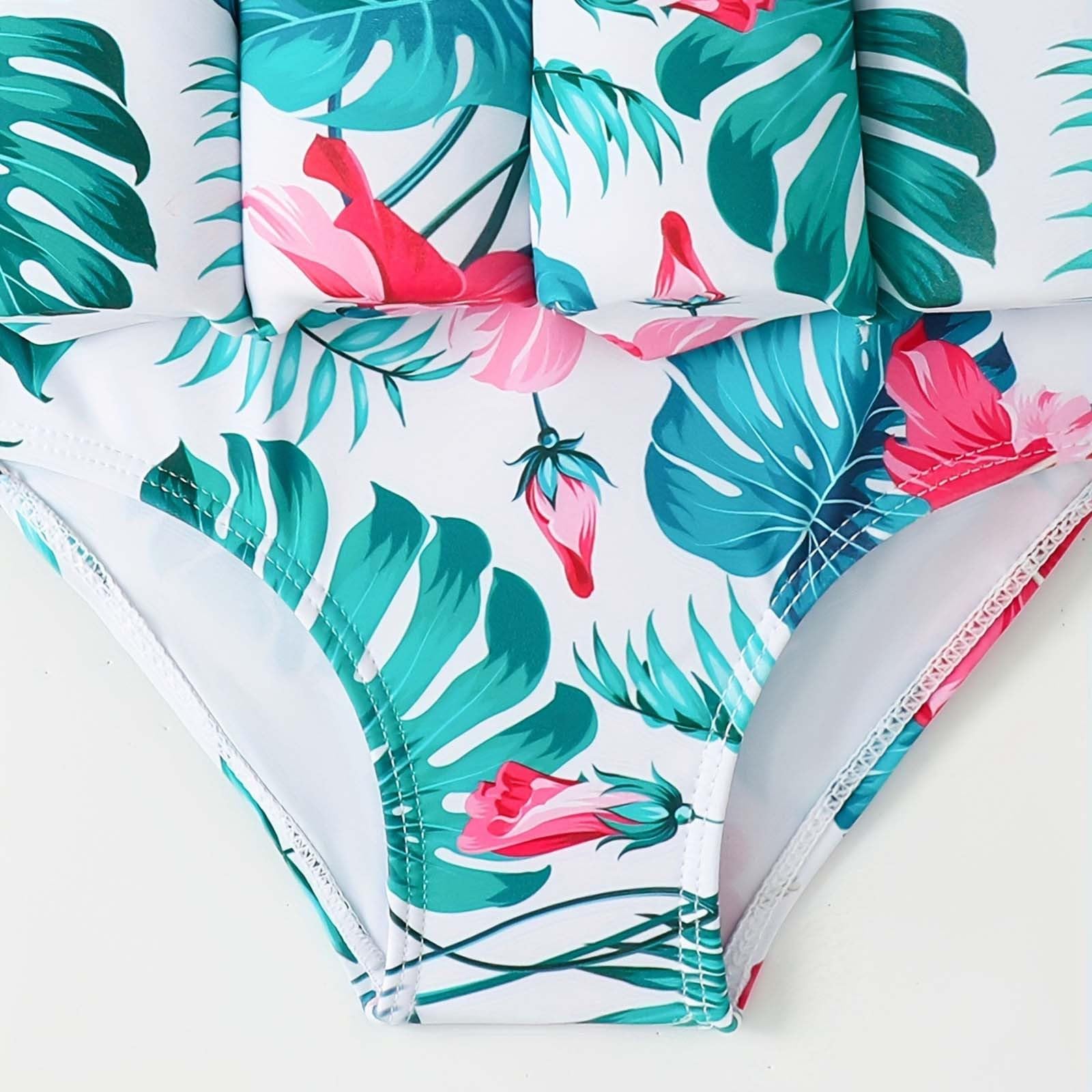 Générique Maillot de Bain Flottant Enfant Fille Imprimé à Manches Courtes Costume de Bain Piscine Plage Maillot Flottante Bouée Intégré avec des Bâtons de Flottabilité pour Natation Débutant Training
