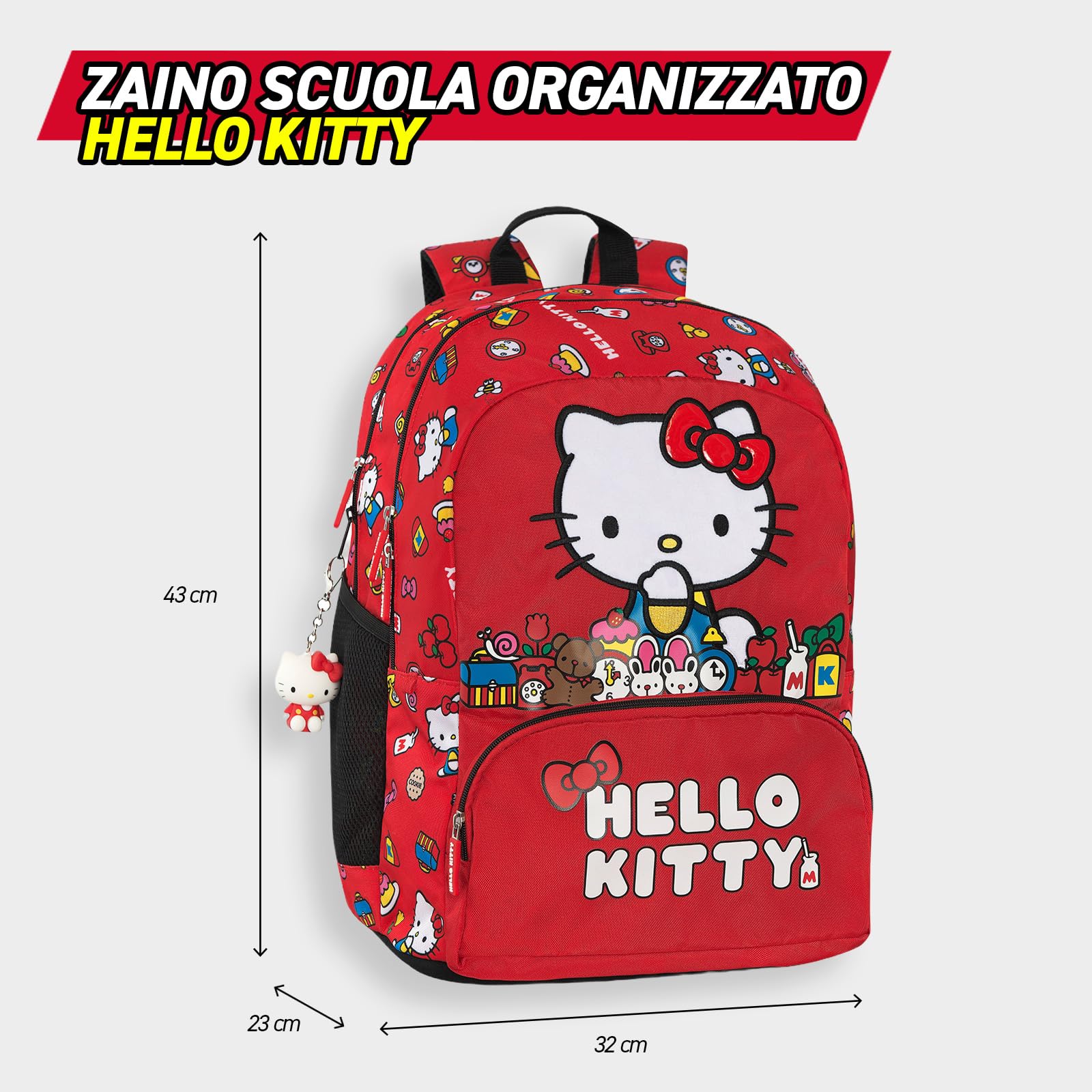 HELLO KITTY - Zaino Scuola Ufficiale Hello Kitty, 2 Ampi Spazi Centrali, Tasche Frontali e Laterali, Charm Staccabile, Spallacci Regolabili e Imbottiti, Schienale Termoformati, 32 x 43H x 23 cm, 31 L