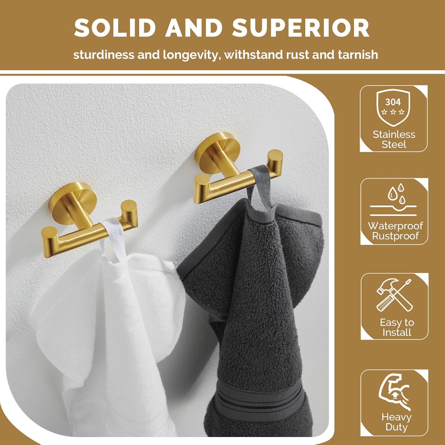 Angle Simple Round Double Towel Hook 2 PCS Bundle with Oval Towel Ring (Brushed Gold)