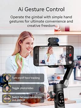 AOCHUAN Smartphone Gimbal Stabilizer, AI Vision Sensor Gimbal for Face Tracking, 3-Axis iPhone Gimbal with Focus Wheel for Vlog Recording, Compatible with iPhone/Android - Smart AI X Pro Black