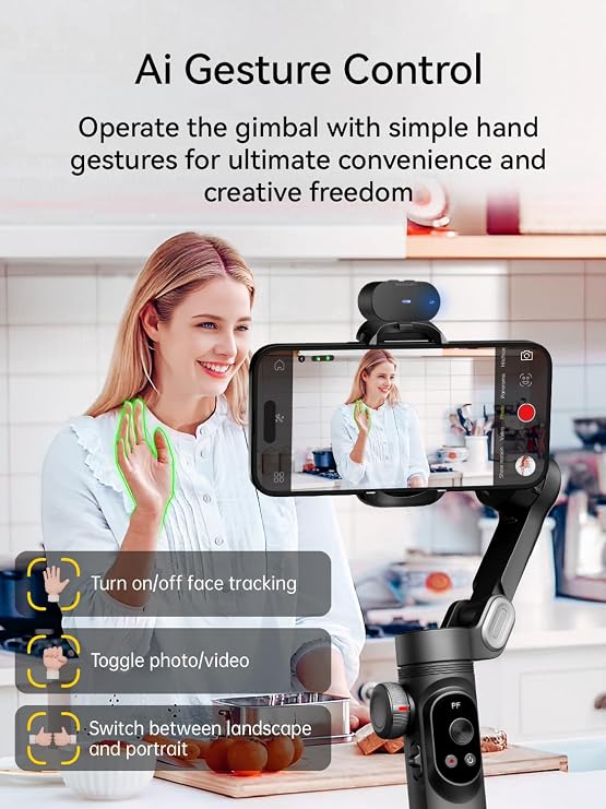 AOCHUAN Smartphone Gimbal Stabilizer, AI Vision Sensor Gimbal for Face Tracking, 3-Axis iPhone Gimbal with Focus Wheel for Vlog Recording, Compatible with iPhone/Android - Smart AI X Pro Black