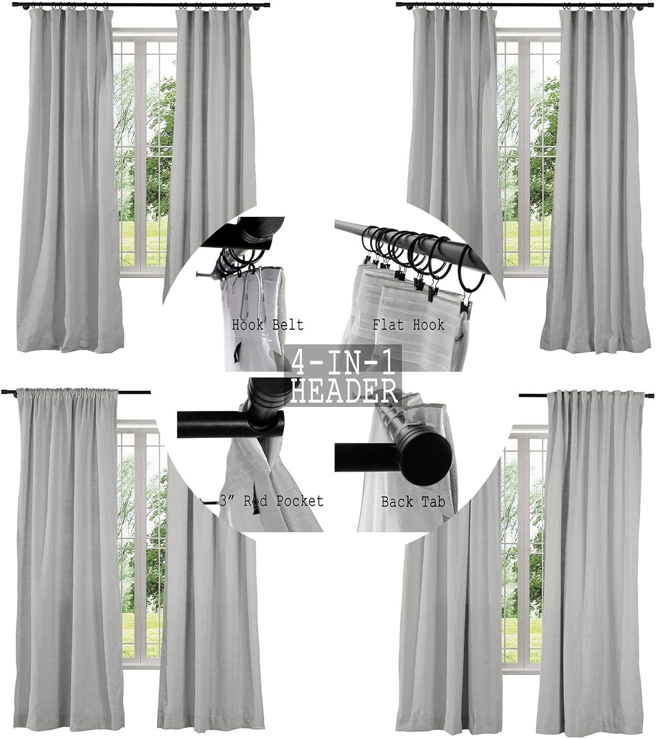 TWOPAGES 50 W x 120 L Extra Long Natural Faux Linen Back Tab Curtain for Apartment, Rock Grey Room Darkening Privacy Curtain 4 in 1 Header Window Drape, 1 Panel