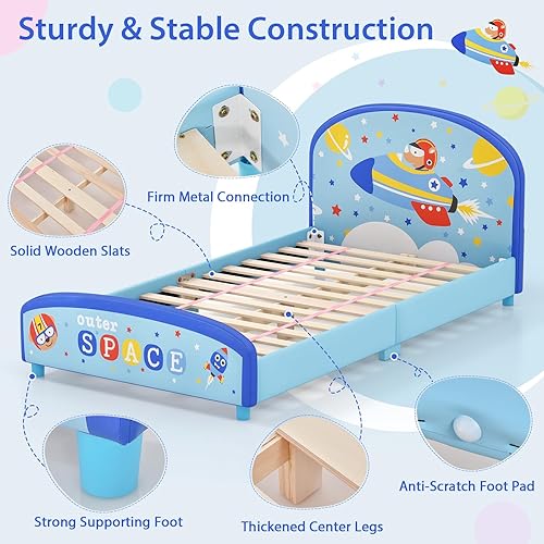 Miniatura 4 de Costzon Base de cama individual para niños, plataforma de cama individual tapizada de madera con soporte de listones, cabecera y estribo acolchados,
