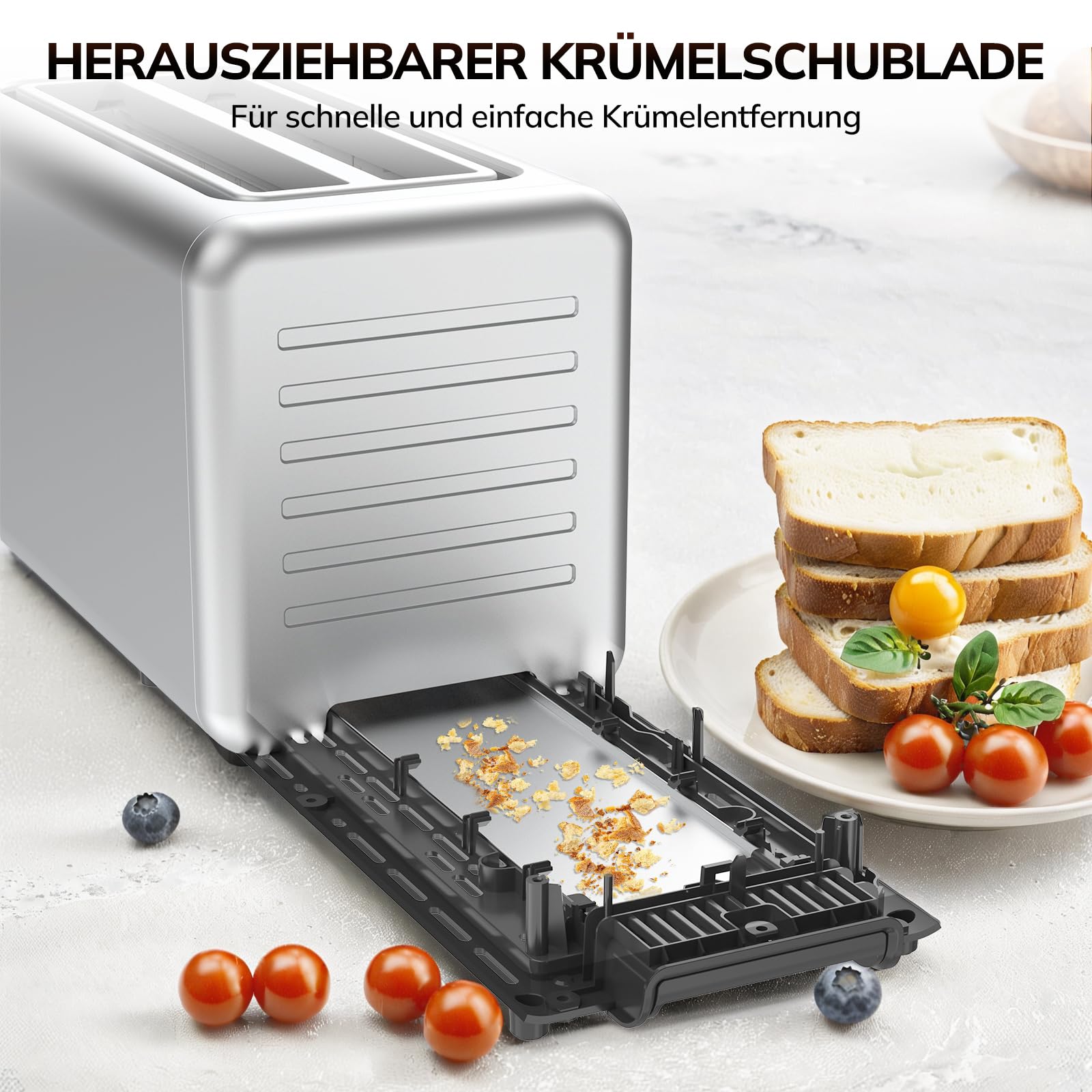 Keenstone Toaster 4 Scheiben, LED Display Touchscreen mit Memory-Funktion, Single-Slice-Technologie, Timer, Auftau- & Aufwärmfunktion, 6 Bräunungsstufen, 5 Brotprogramme, Krümelschublade, Edelstahl