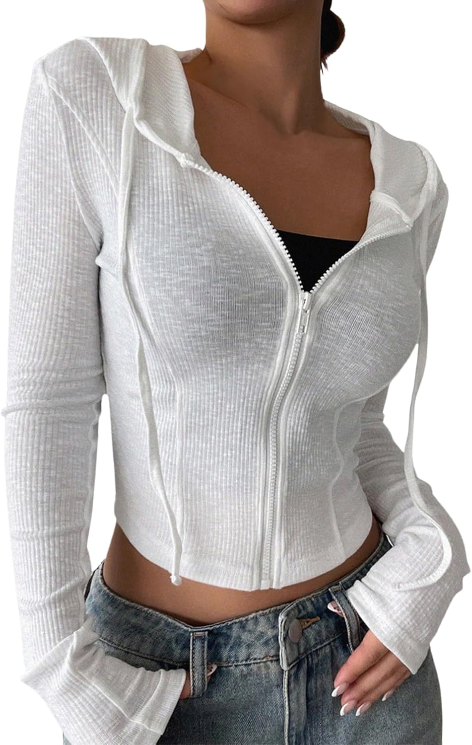 GORGLITTER Women's Cropped Zip Up Hoodie Lightweight Long Sleeve Rib Knit Slim Crop Jacket Fall Trendy 2025