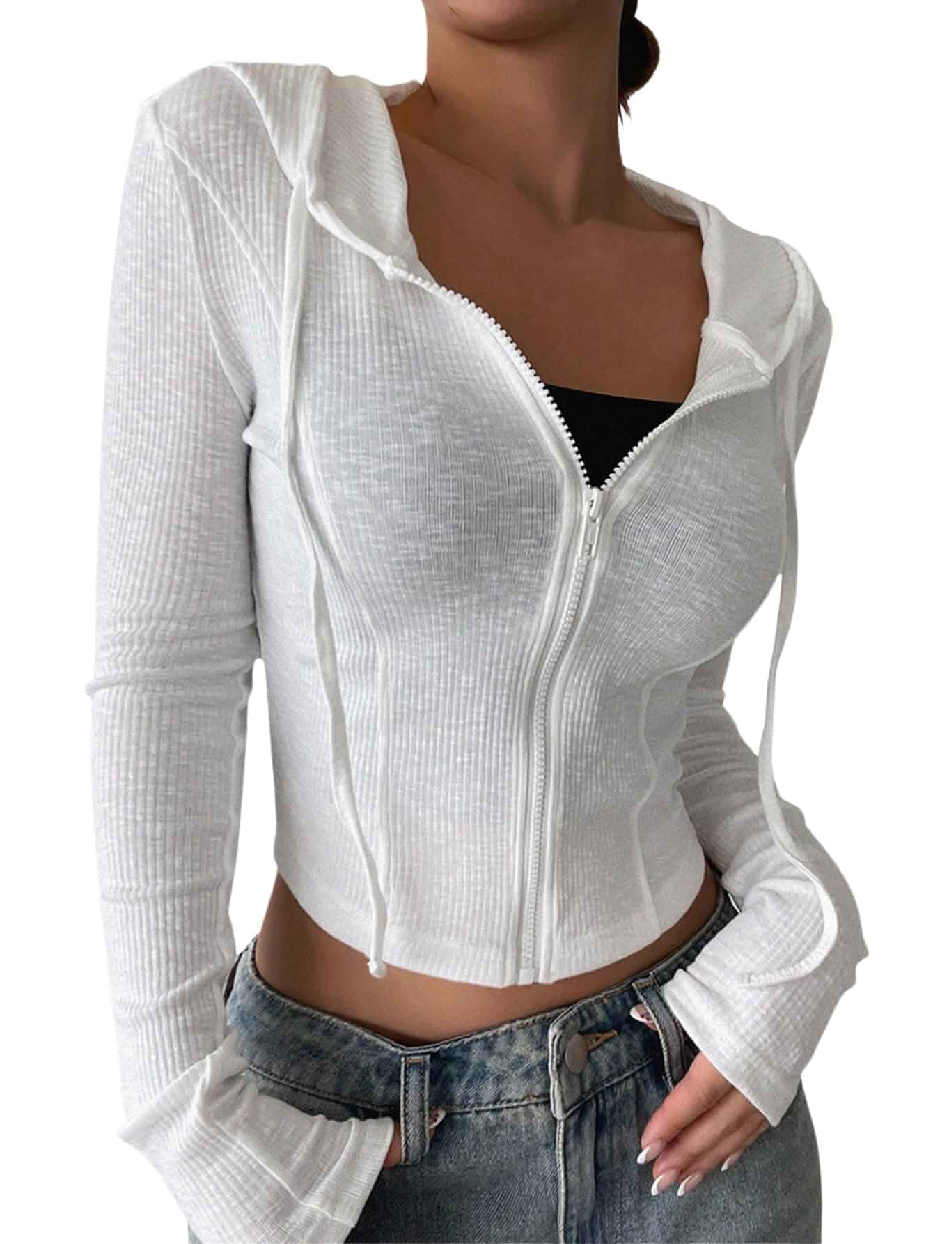 GORGLITTER Women's Cropped Zip Up Hoodie Long Sleeve Fall Jacket Y2k Cute Crop Hoodies, Hooded Zip Up Sweatshirt, Drawstring Lightweight Workout Fitted Jacket