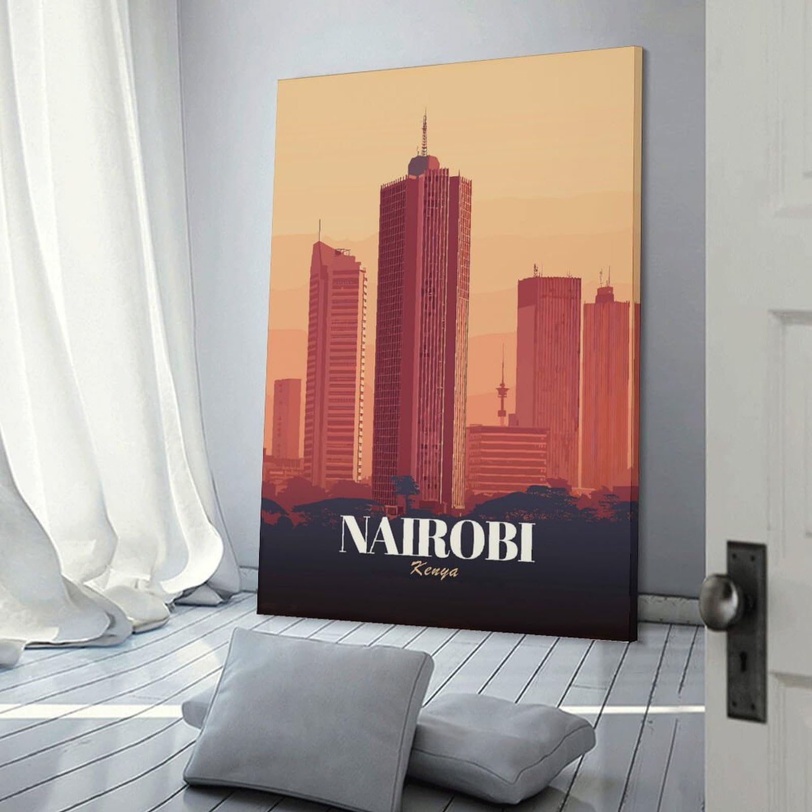 Junmoney Nairobi Kenya Skyline Illustration Room Decor Wall Art, 24x36inch(60x90cm), for Office, Study Or Home Workspace, A Smart Decor Choice for Study Walls