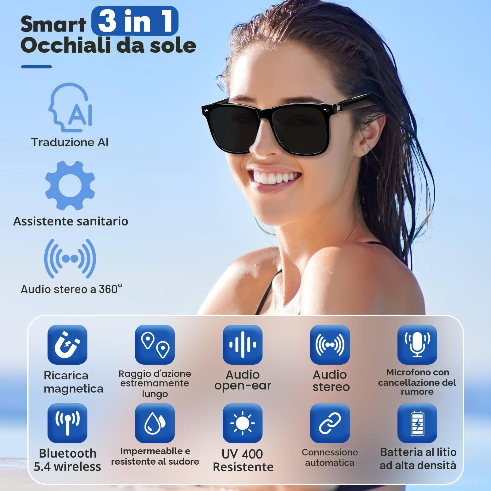 Occhiali intelligenti, occhiali AI Bluetooth con altoparlante 115 lingue traduttore AI, accenti, traduzione in tempo reale, protezione UV lenti polarizzate occhiali per giochi riunioni viaggi
