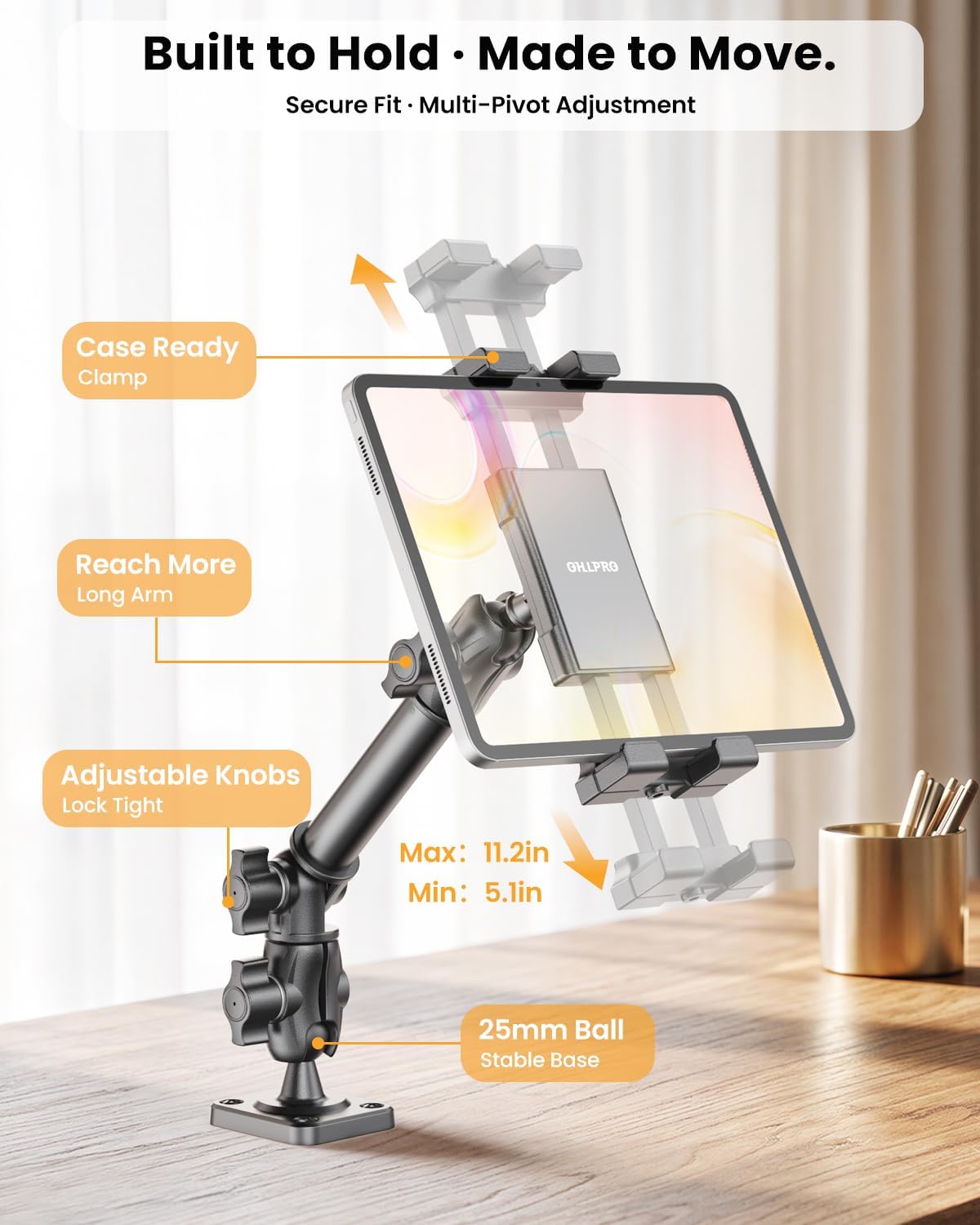 OHLPRO Long Arm Tablet Mount Heavy Duty Drill Base Holder for Truck, RV
