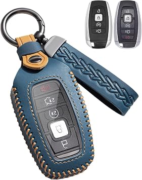 for Lincoln Navigator Nautilus Key Fob Cover Leather Case | Fits Aviator, Corsair, Continental, MKC/MKX/MKZ 2017-2026; Crazy Horse leather + TPU, 4/5-button key shape, Blue