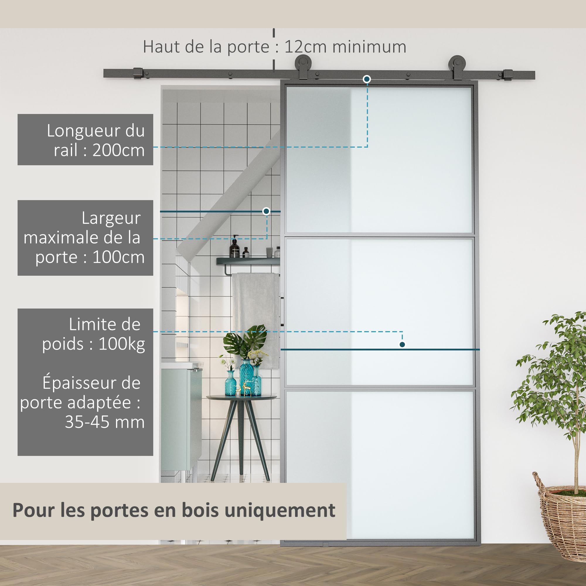HOMCOM 200CM Quincaillerie Porte Coulissante de Grange Acier au Carbone | Rail Porte Coulissante de 100 cm de Large, Épaisseur 35-45 mm, Charge 100 kg, Crochet Forme I pour Maison