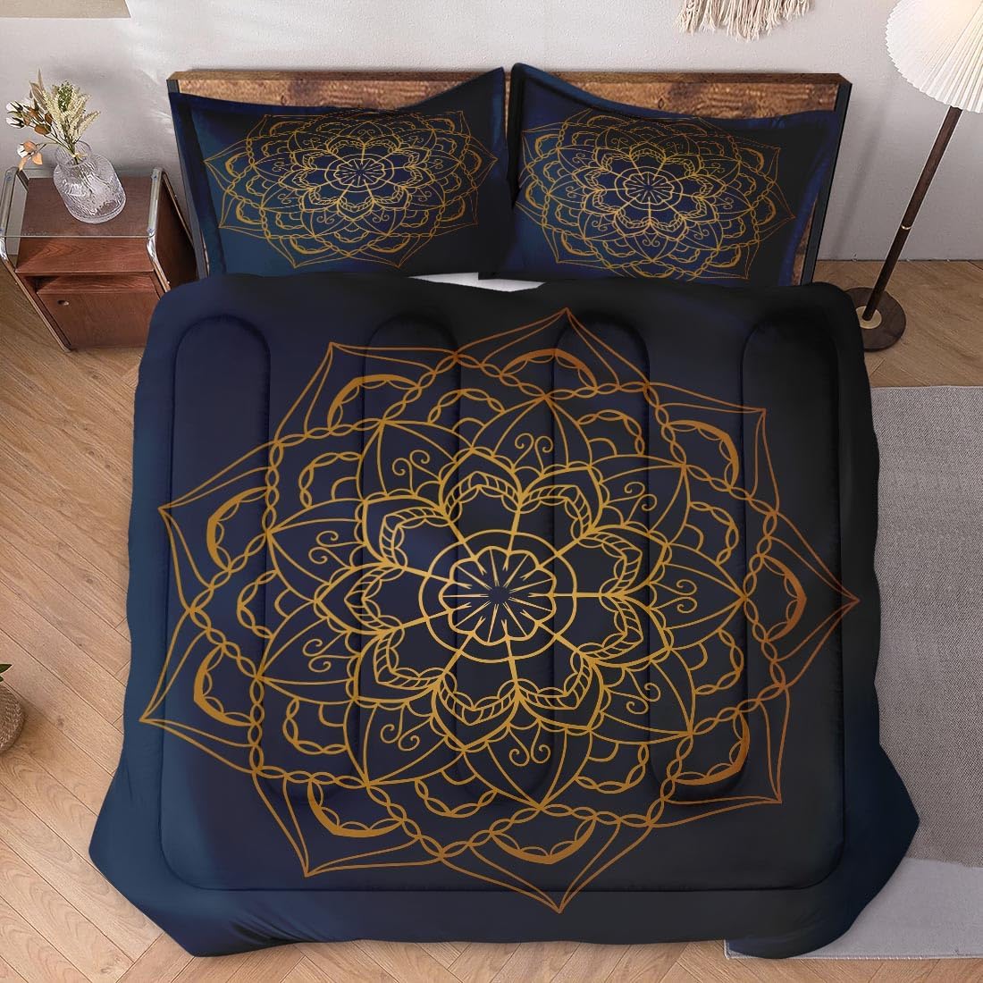 Queen Size Comforter Set with 2 Pillowcases, Navy Blue Boho Gold Mandala Soft 3 Pcs Bedding for Kids and Adults Bedroom Bed Decor - Image 2