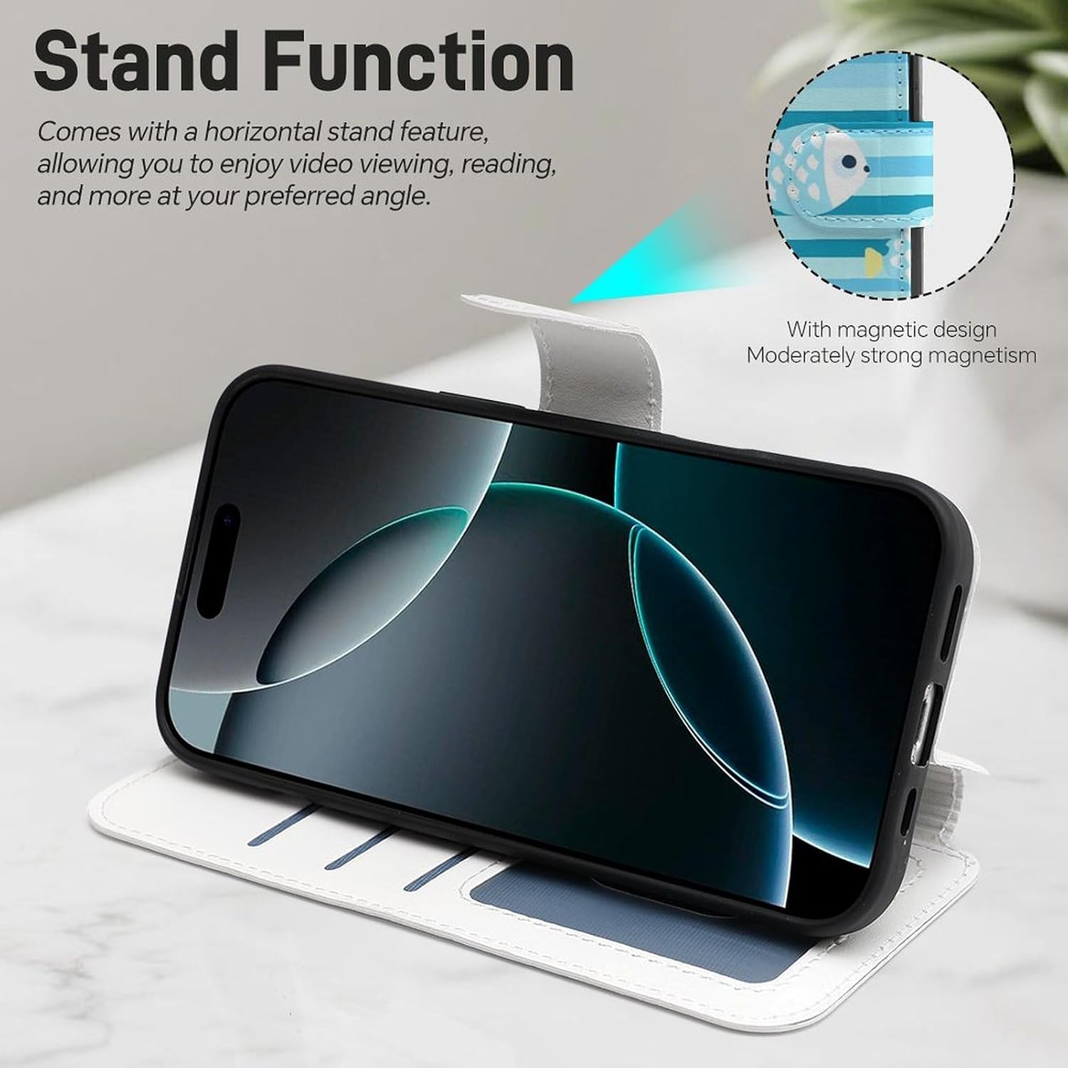 Cartoon Fish Pattern Compatible with iPhone 16/16 Plus/16 Pro/16 Pro Max/16 E Case Phone Wallet Card Holder Flip Cover with Wrist Strap