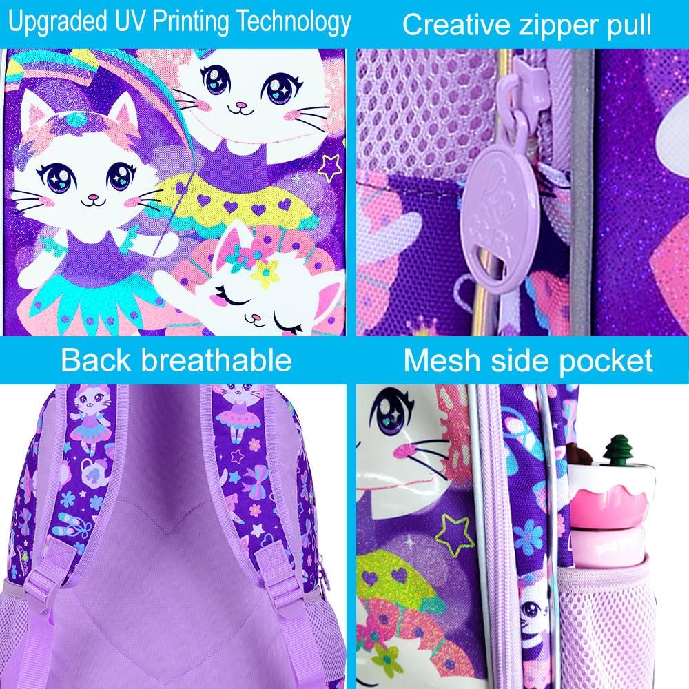 UFNDC 3PCS Girls Cat Backpack, 16" Kids Bookbag with Lunch Box, Water Resistant School Bag for Elementary Preschool Toddler