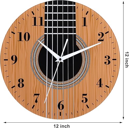 Miniatura 5 de Reloj de pared con temática musical de 12 pulgadas con esfera de guitarra de madera, movimiento silencioso y funciona con pilas, gran decoración