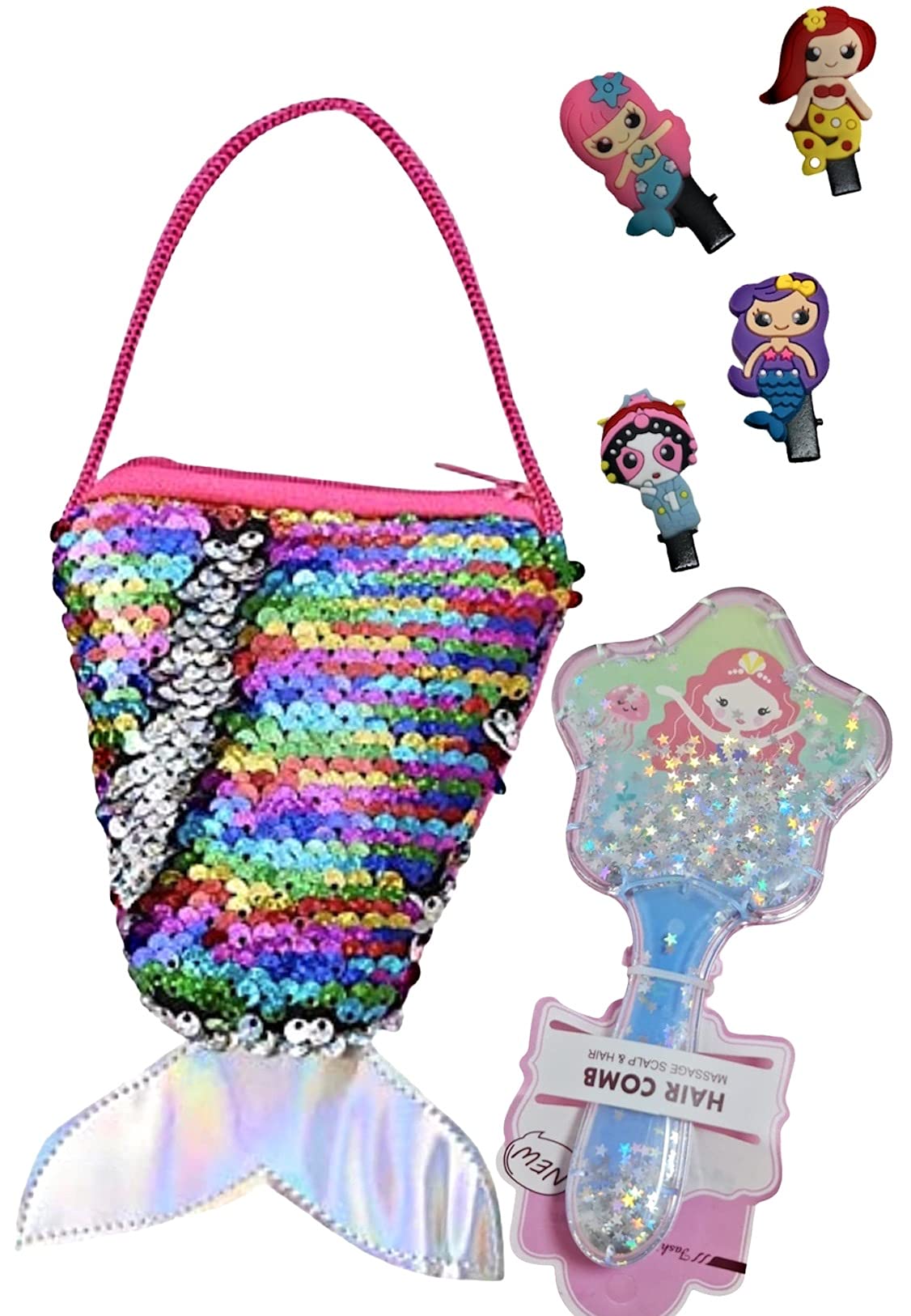Le DeliteMulticolored Women's Wallet & Mermaid Glitter Sling Bag, Mermaid Hair Clips Combo Set