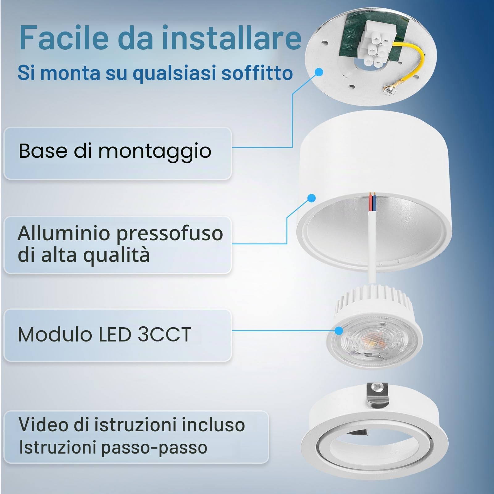 YindaLux 6x 3CCT Faretti LED Soffitto Orientabile - Ø80x50mm Extra Piatto & Inclinabile a 30° - 5W 500LM - Con modulo LED incluso - Alluminio - Dimmerabile Faretto LED Interno（Bianco）