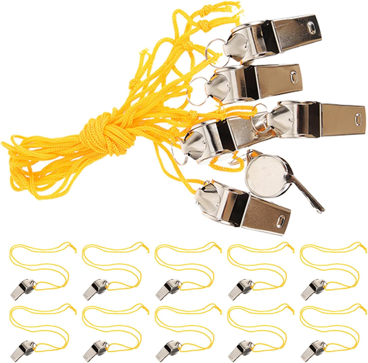 20pcs Stainless Steel Referee Whistle Set with Lanyard for Teachers | Silver Finish, High-pitched Tone, Fast Response, Impact Resistant Build for Training and Emergency Situations