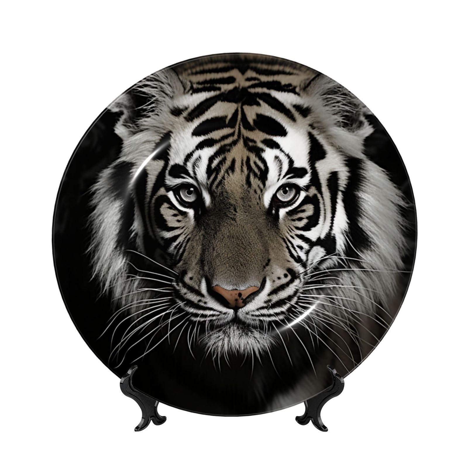 Assiette décorative en porcelaine anglaise faite main avec tigre noir et blanc