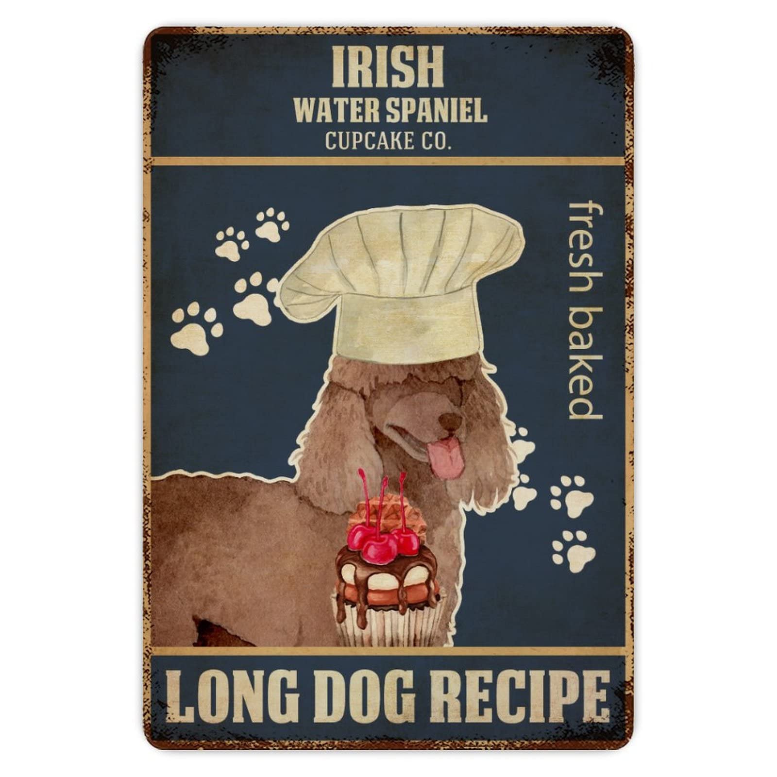 IRISH WATER SPANIEL Baker Cupcake Co Long Dog Recipe Vintage Metal Tin Sign 8x12 inch Aluminum Sign for Kitchen Bars Restaurants Cafes Pubs Wall Decor