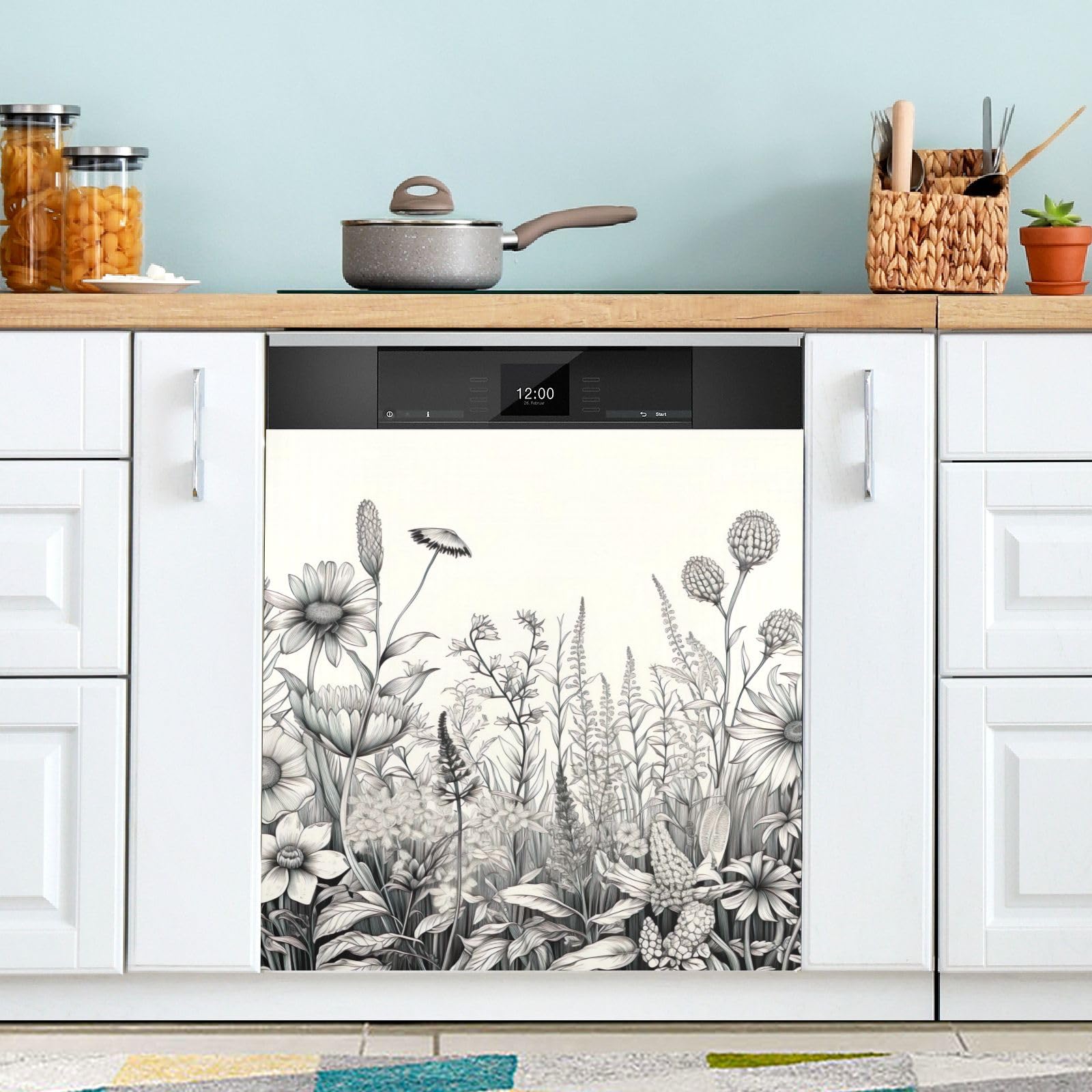 Kitchen Decor - Adesivo magnetico per lavastoviglie, motivo fiori selvatici bianchi e neri, decalcomania frontale per frigorifero, decorazione per elettrodomestici da cucina, 58,4 x 66 cm