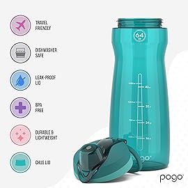 Pogo 64oz Plastic Water Bottle with Leak-Proof Chug Lid and Carry Handle, Reusable, BPA Free, Capacity Markings, Dishwasher Safe, Perfect for Travel, School, Outdoors, and Gym, Teal