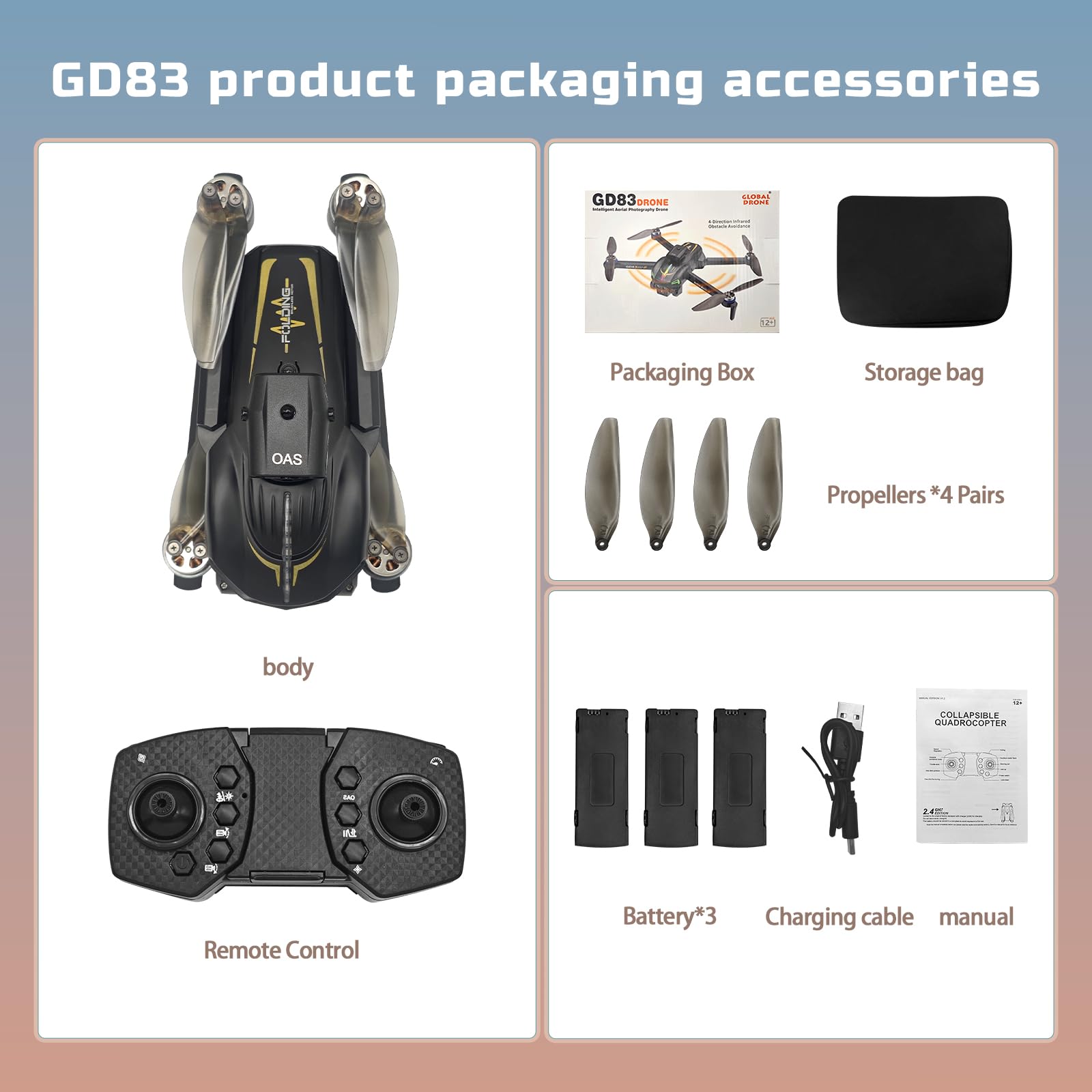 Drone aéreo GD83 con cámaras dobles 2K, algoritmo independiente y función de flujo óptico, regalo de Navidad y cumpleaños para principiantes, familiares, amigos y entusiastas de la fotografía, 3 pilas