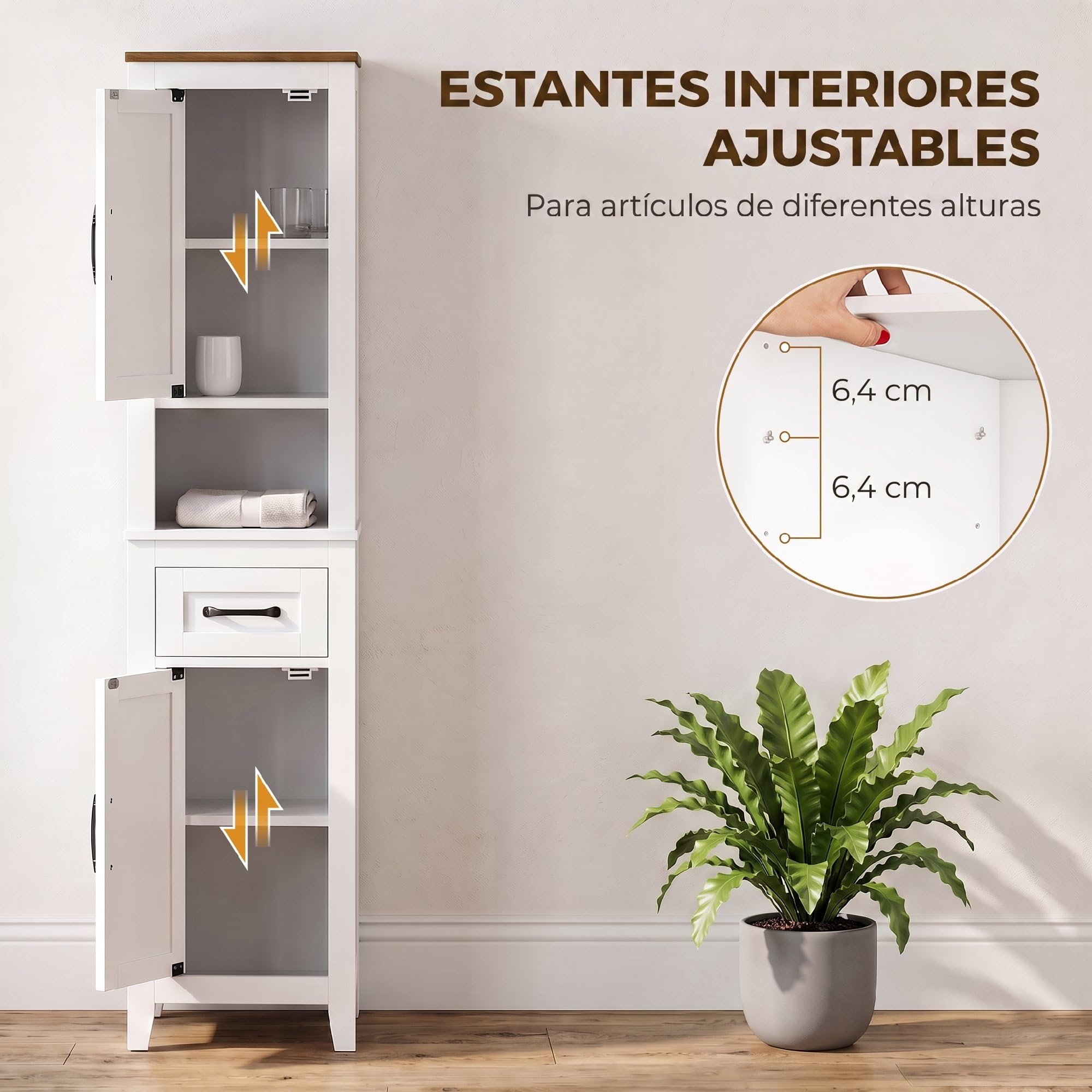 HOMCOM Armario de Baño Alto Mueble de Baño Estrecho 34,5x30x148 cm Blanco | Cajón, Estante Abierto, Puertas y Estantes Ajustables, Estilo Rústico