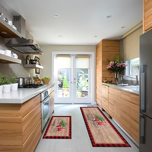 Miniatura 4 de Juego de 2 alfombras de cocina, decoración de árbol de Navidad, alfombras de cocina, antideslizantes, lavables, antifatiga, tapete de madera a