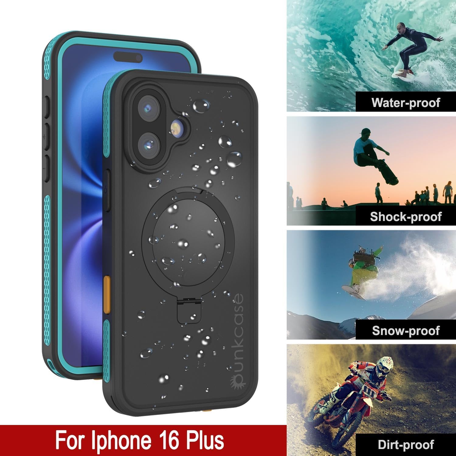 Punkcase for iPhone 16 Plus Waterproof Case [Kickstud 2.0 Seriess] Protective IP68 Certified Cover W/Screen Protector & Kickstand | Ultra Slim 360 Protection for iPhone 16+ Plus (6.7") (Teal)