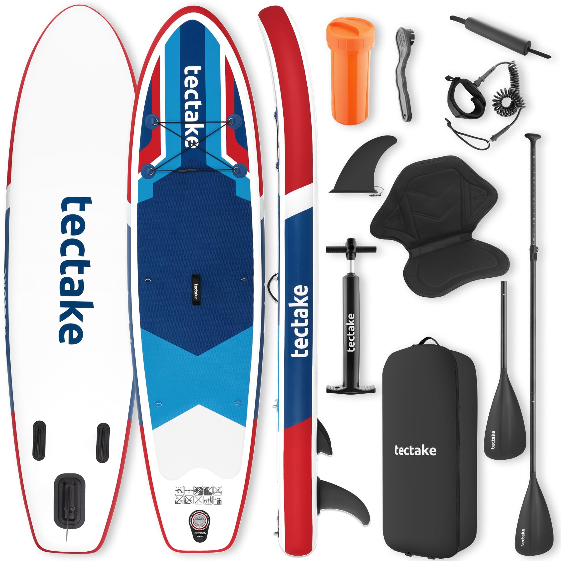 tectake® 2in1 Stand Up Paddle Board, mit Sitz als Kajak nutzbar, SUP aufblasbar, mit Pumpe, 3 Finnen, Rucksack, Doppelpaddel, Paddel, komplettes Zubehör, bis 200 kg belastbar - rot/blau