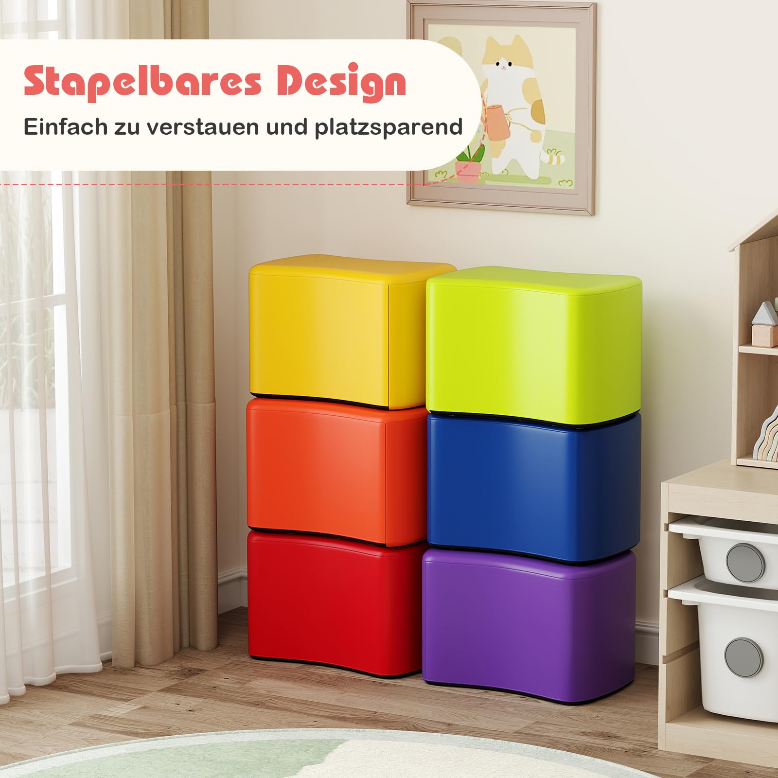 COSTWAY 6 er Set Kinderhocker, Schmetterlingshocker aus Schaumstoff mit abnehmbarem PU-Bezug, bunter Sitzhocker stapelbar, Fußhocker für Kinderzimmer, Kindergarten