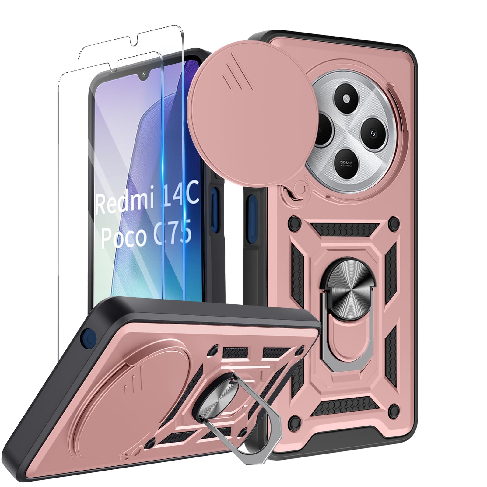 LeYi Custodia Xiaomi Redmi 14C - Cover Militare 360&deg; Con Vetro Temperato E Anello Supporto