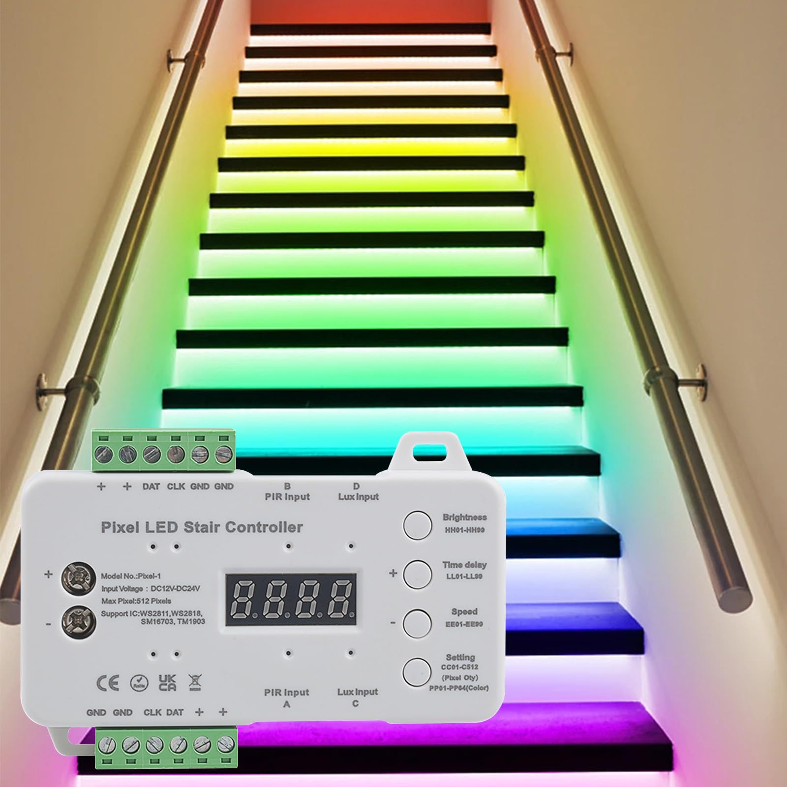 XLSBZ RGB Pixel LED Stair Lights PIR Motion Sensor Controller 5M Led Strip (1 Pcs Controller+5M Colorful LED Strip)