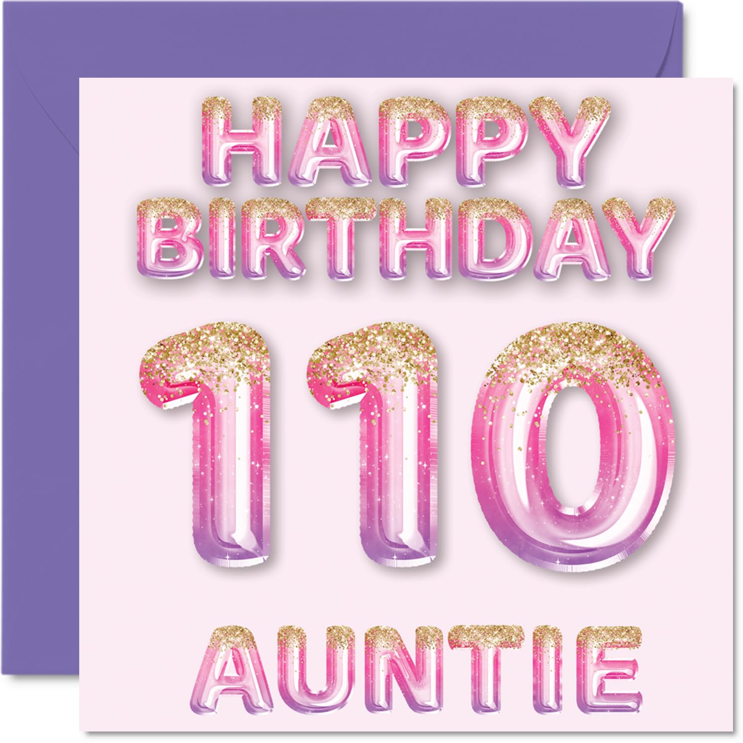 110th Birthday Card for Auntie - Pink & Purple Glitter Balloons - Happy Birthday Cards for 110 Year Old Aunt Aunty from Nephew Niece, 145mm Bday Greeting Cards Gift