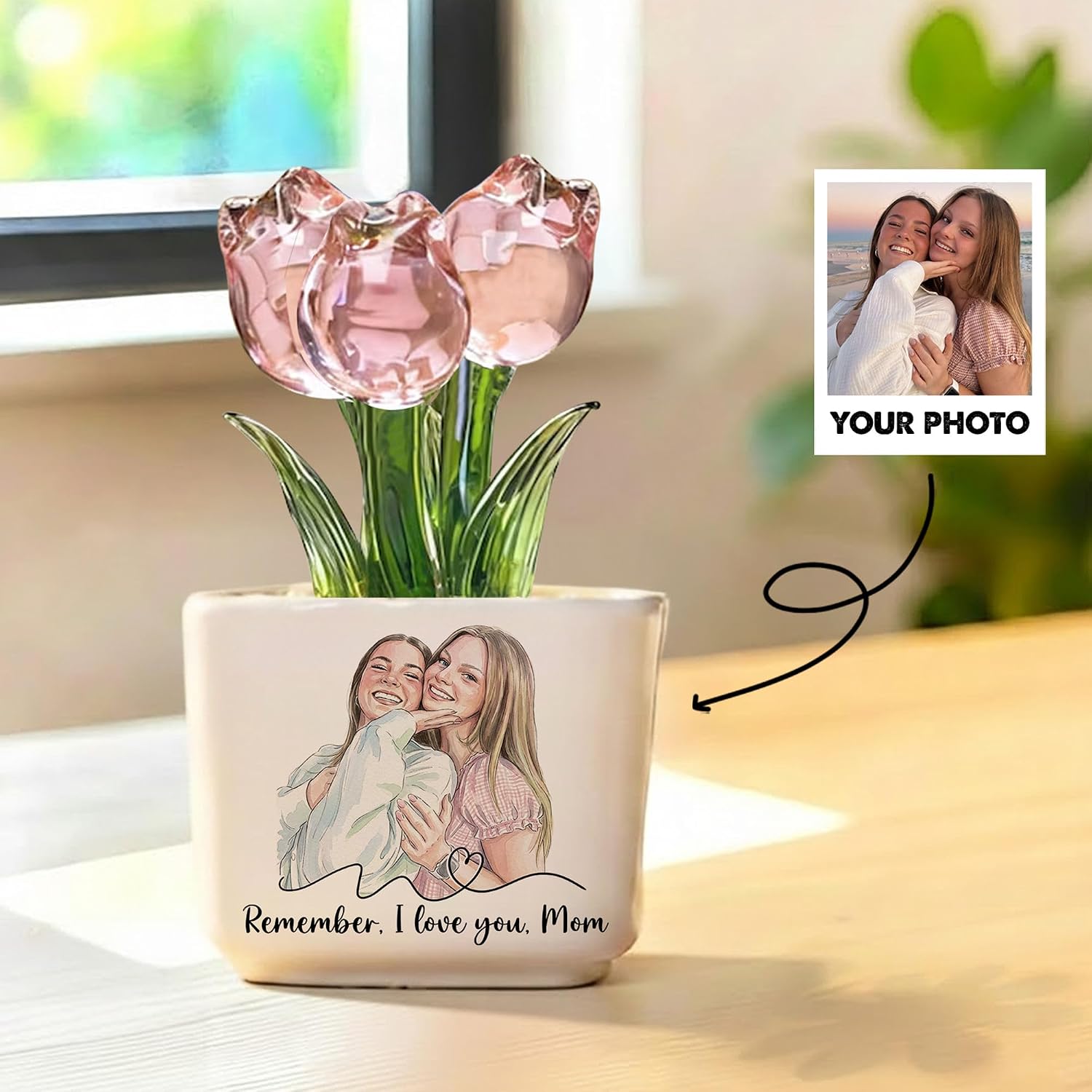 Gossby Personalized Glass Tulip Flower Potted - Custom Watercolor Portrait from Photo Everlasting Tulip - Elegant Glass Flowers Plant Decor Gift for Mom - Mothers Day, Birthday Gift from Daughter Son