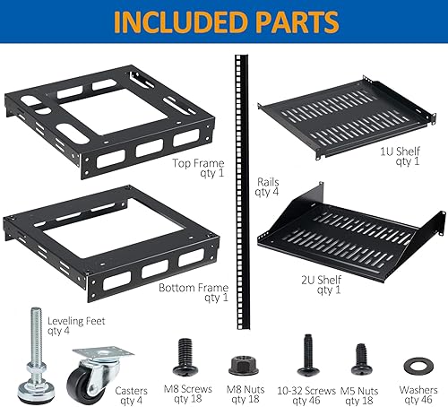 Miniatura 3 de Rack de marco abierto de 20U para servidores y equipos AV - Diseño de montaje en pared que incluye 2 estantes ventilados, 4 pies de nivelación, 4