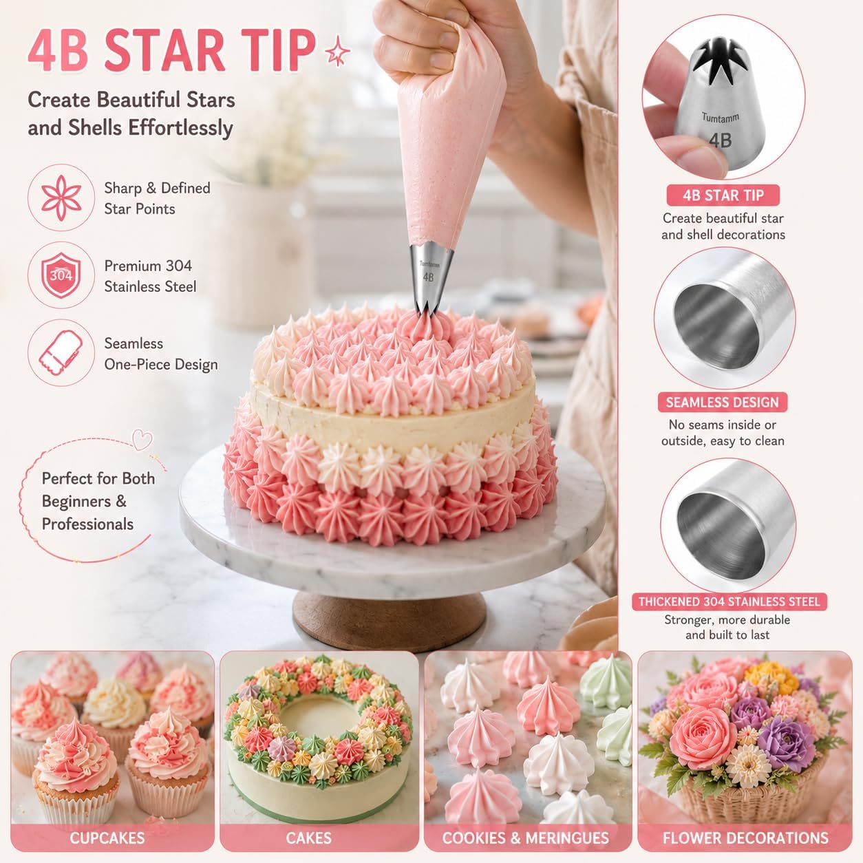 Piping Tips, 4B 3Pcs Large Icing Piping Tips Stainless Steel Seamless Set for Cupcakes Cake Decoration and Baker