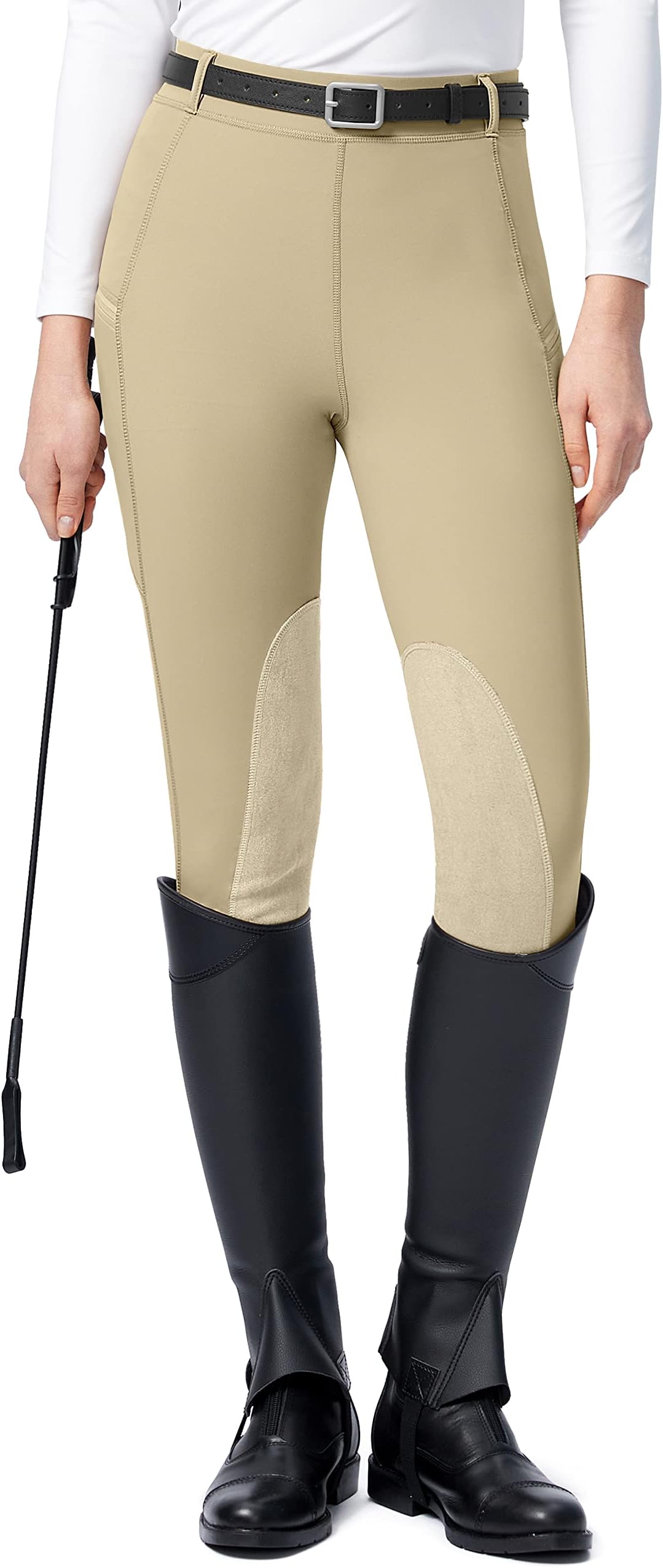 Women's Horse Riding Pants with Zipper Pockets Knee-Patch Schooling Tights Equestrian Breeches for Women