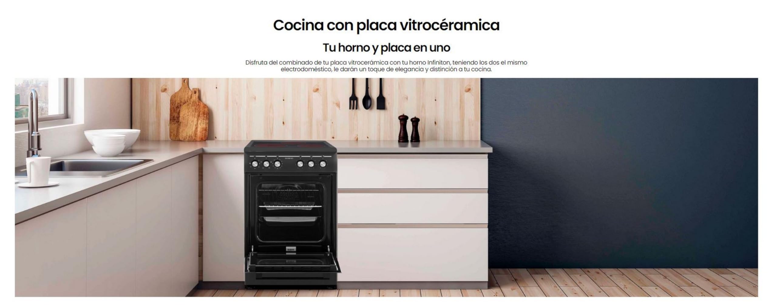 INFINITON Cocina con Horno CC-B550V3, Vitroceramica 3 Zonas, Horno Electrico 43 L, 6 Niveles de Potencia, Grill, Doble Acristalamiento, A, Negro