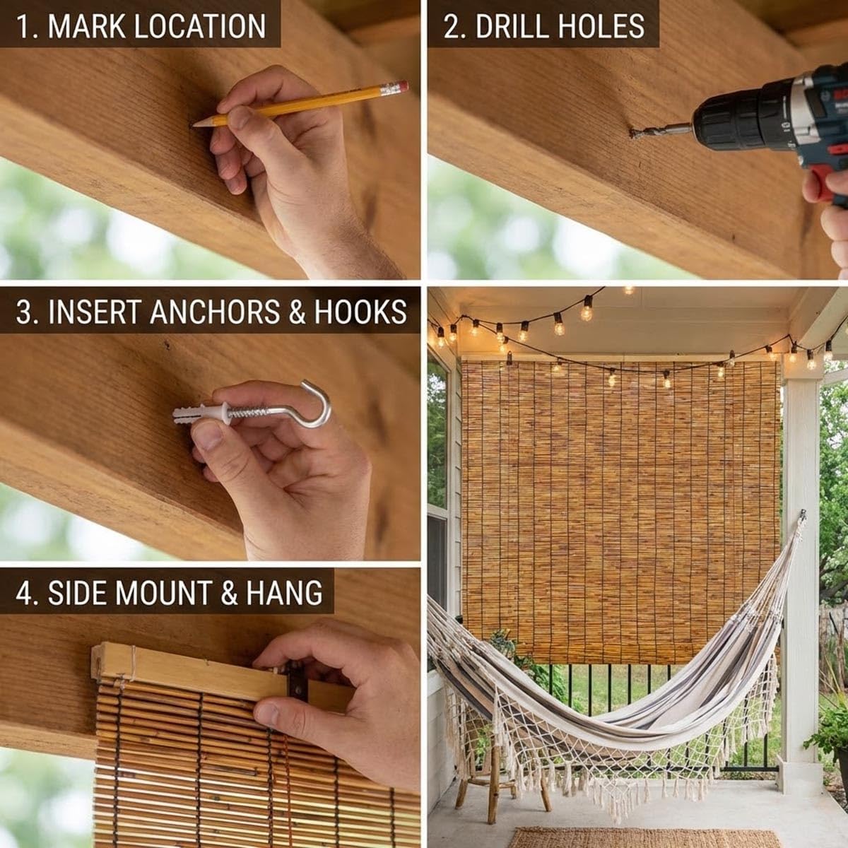 Outdoor Bamboo Roller Blinds 72 84 108 64 48 36" W, Natural Reed Patio Shades Waterproof Roll Up Exterior Window Blinds Privacy for Porch Sunroom Garden Sun Shade, Cordless(40" W x 64" H)