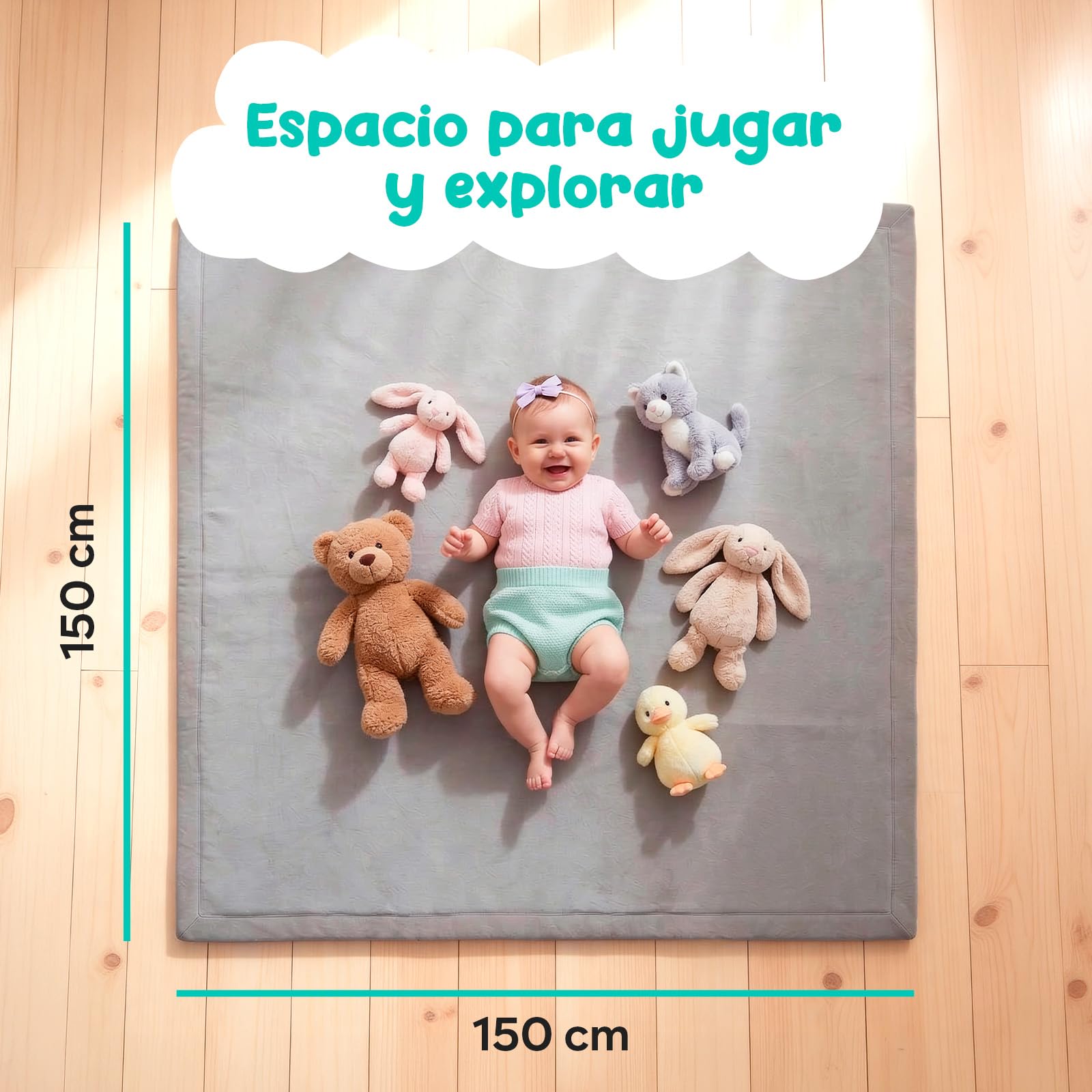 Alfombra de Juegos Bebé 150x150 cm – Alfombra de Memory Foam Acolchada 3 cm – No Tóxica, Antideslizante y Cómoda – Gran Tapete para Actividades y Gateo – Avec Maman
