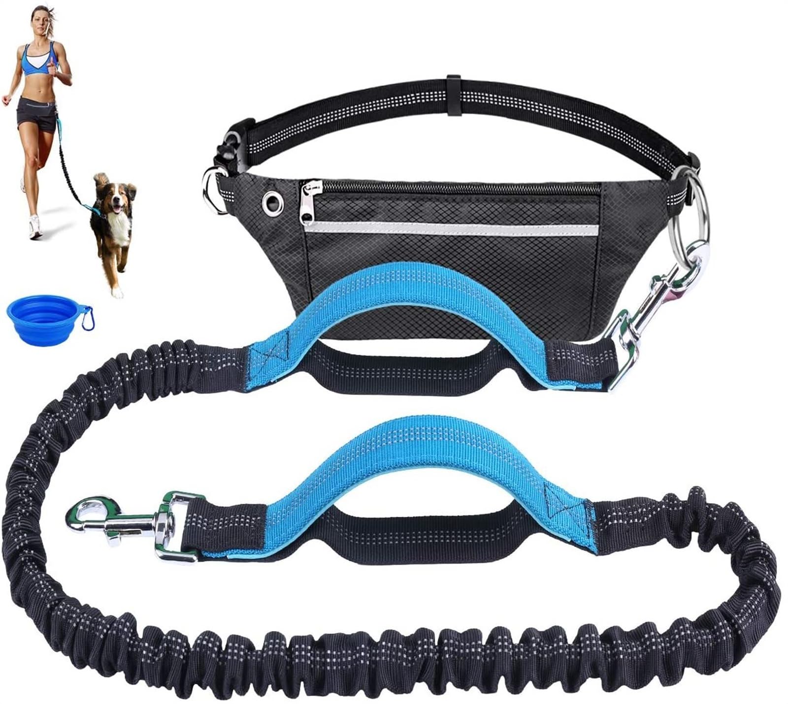Longe pour Chien Laisse Mains Libres pour Chien avec Sac de Taille réfléchissant Jogging Dogs Corde de Traction Extensible Bungee Dog Laisse pour Chien(Gray)