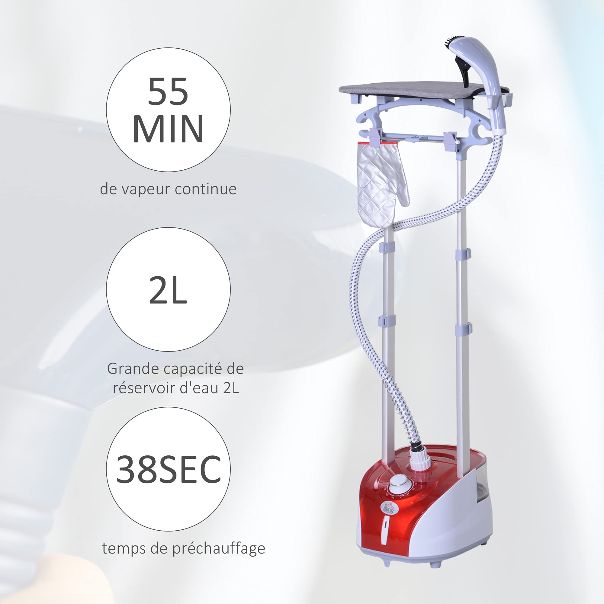 HOMCOM Défroisseur Vapeur Vertical 1950 W 32g/min Autonomie 45min Rouge | Réservoir d'Eau 2 Litres, Tige Télescopique, Fer Vertical, 11 Températures Réglables, Prêt en 38s, Planche et Cintre Fournis