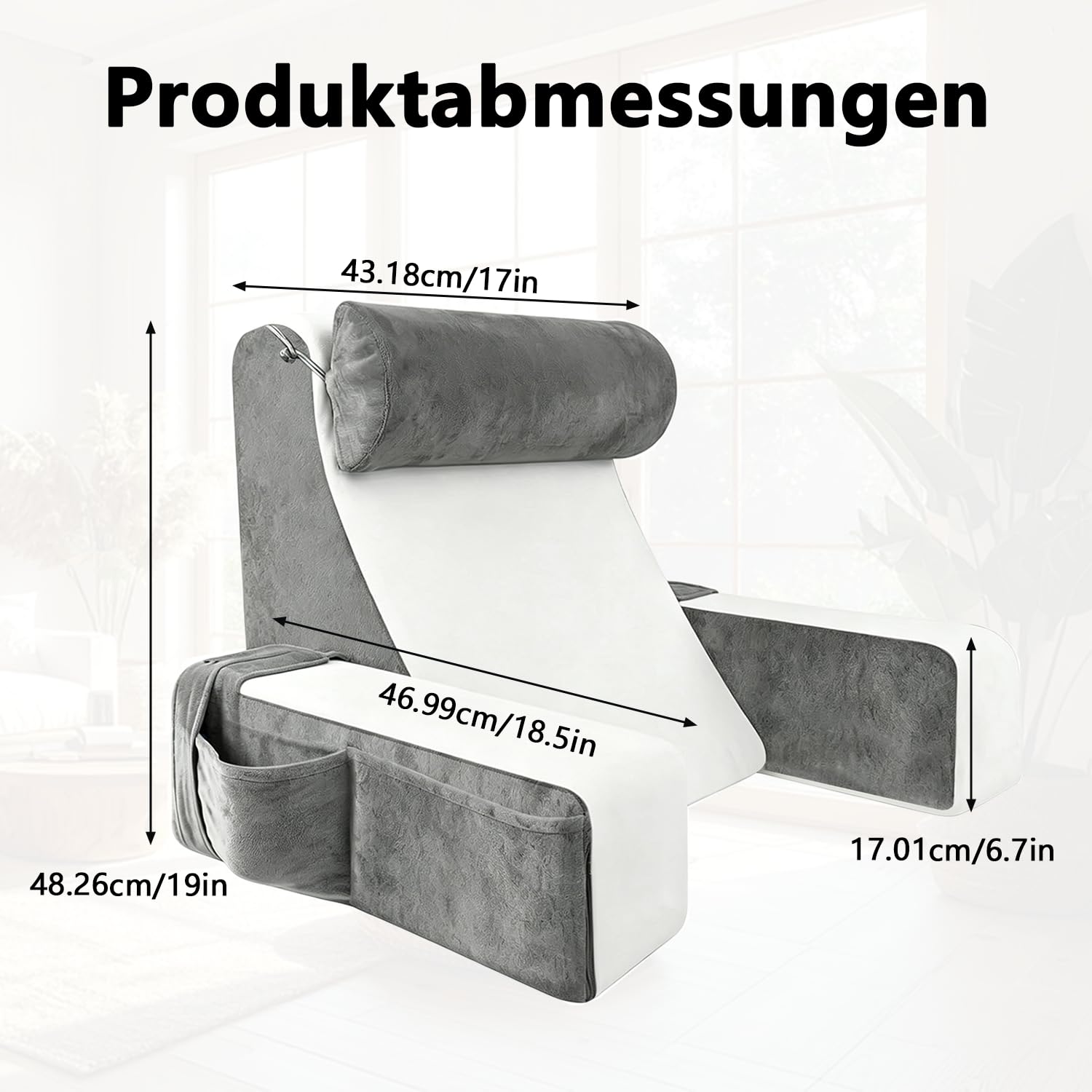 Cuscino da lettura con cuscino cervicale rimovibile e bracciolo, cuscino ergonomico extra alto con braccioli e tasche integrati, supporto per la schiena in schiuma frantumata per erigere a letto