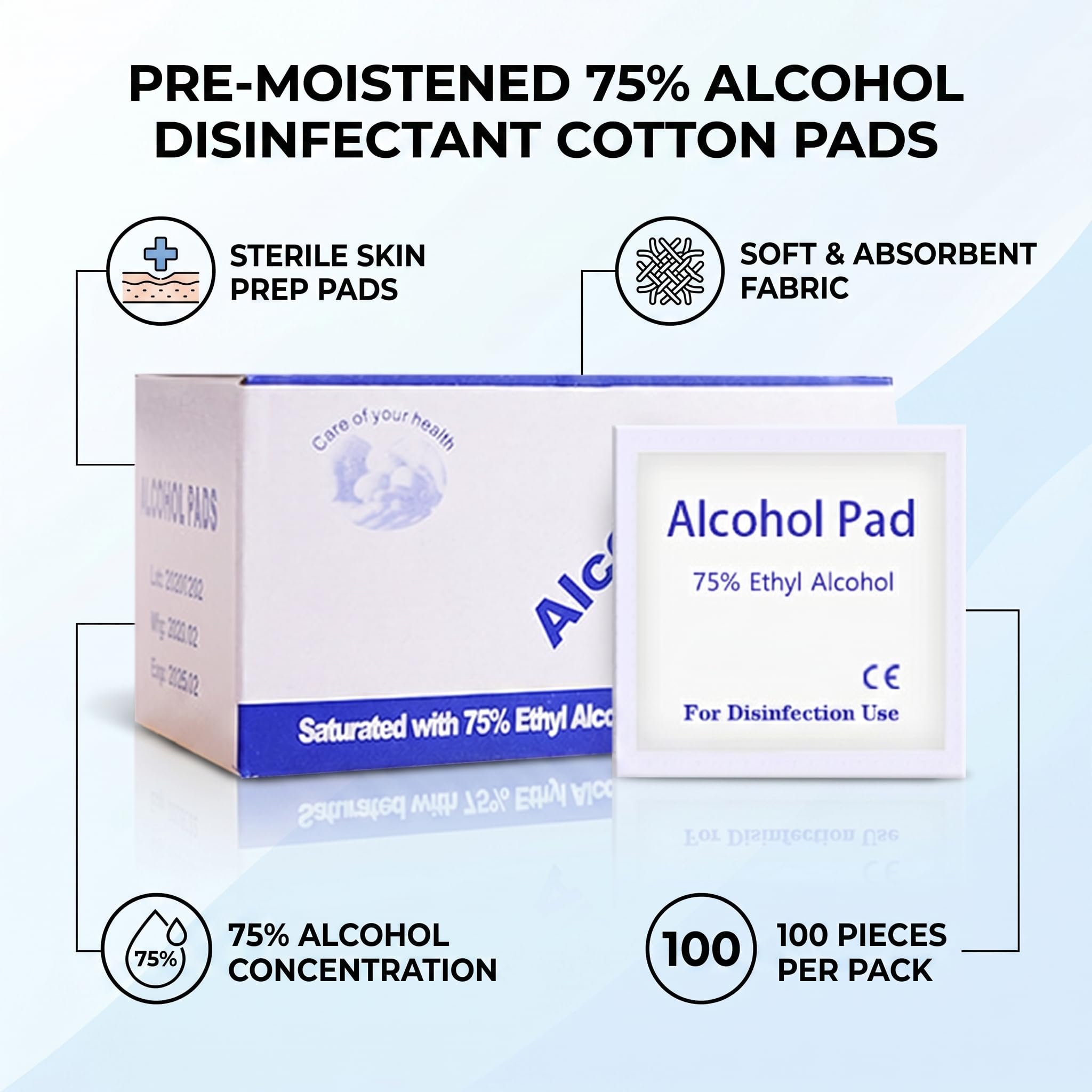 Cuidado Toque Toallitas de Alcohol Envueltas Individualmente, 100 Pcs 75% de Alcohol Toallita Húmeda Bien para Kits Médicos y Primeros Auxilios para el Hogar (WHITE)