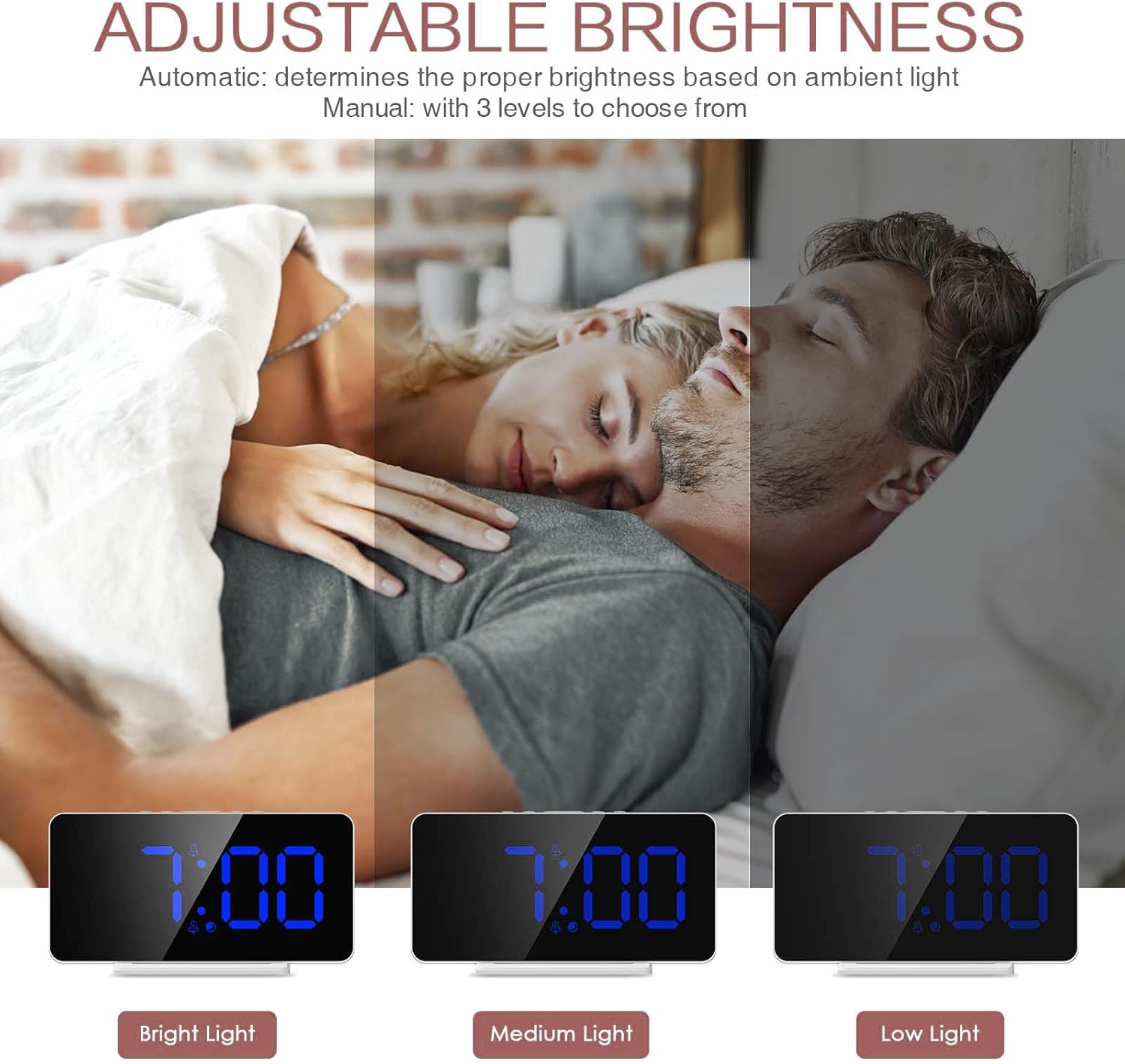 Three alarm clocks showing different brightness levels: Bright Light, Medium Light, and Low Light, with a sleeping couple in the background.