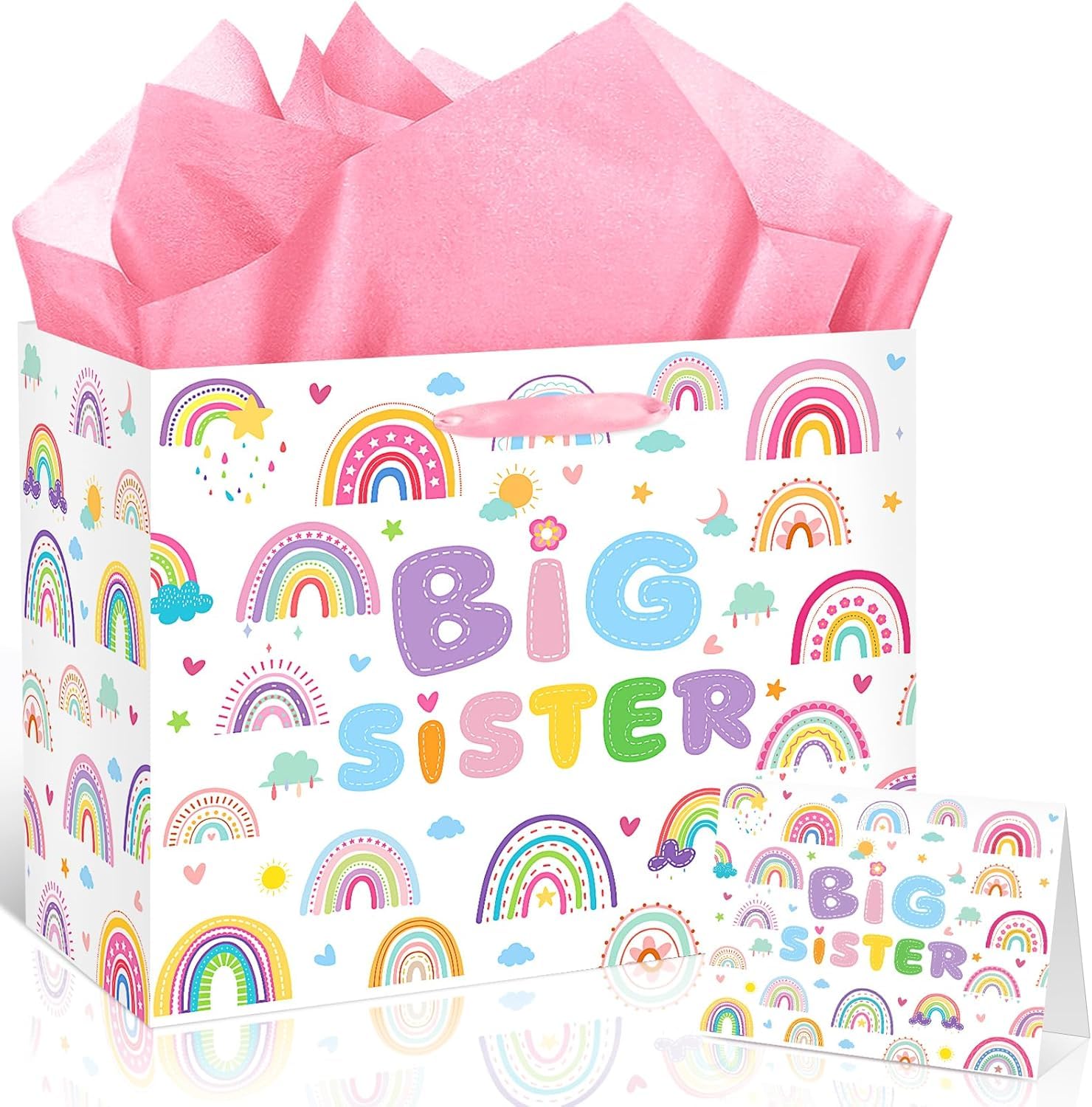 Big Sister Gift Bag for Girls, Cute Big Sister Gift Bag with Tissue Paper and Greeting Card Pink Wrapping Paper Cartoon Rainbow New Sister Party Decoration for Little Girl Birthday Party Supplies